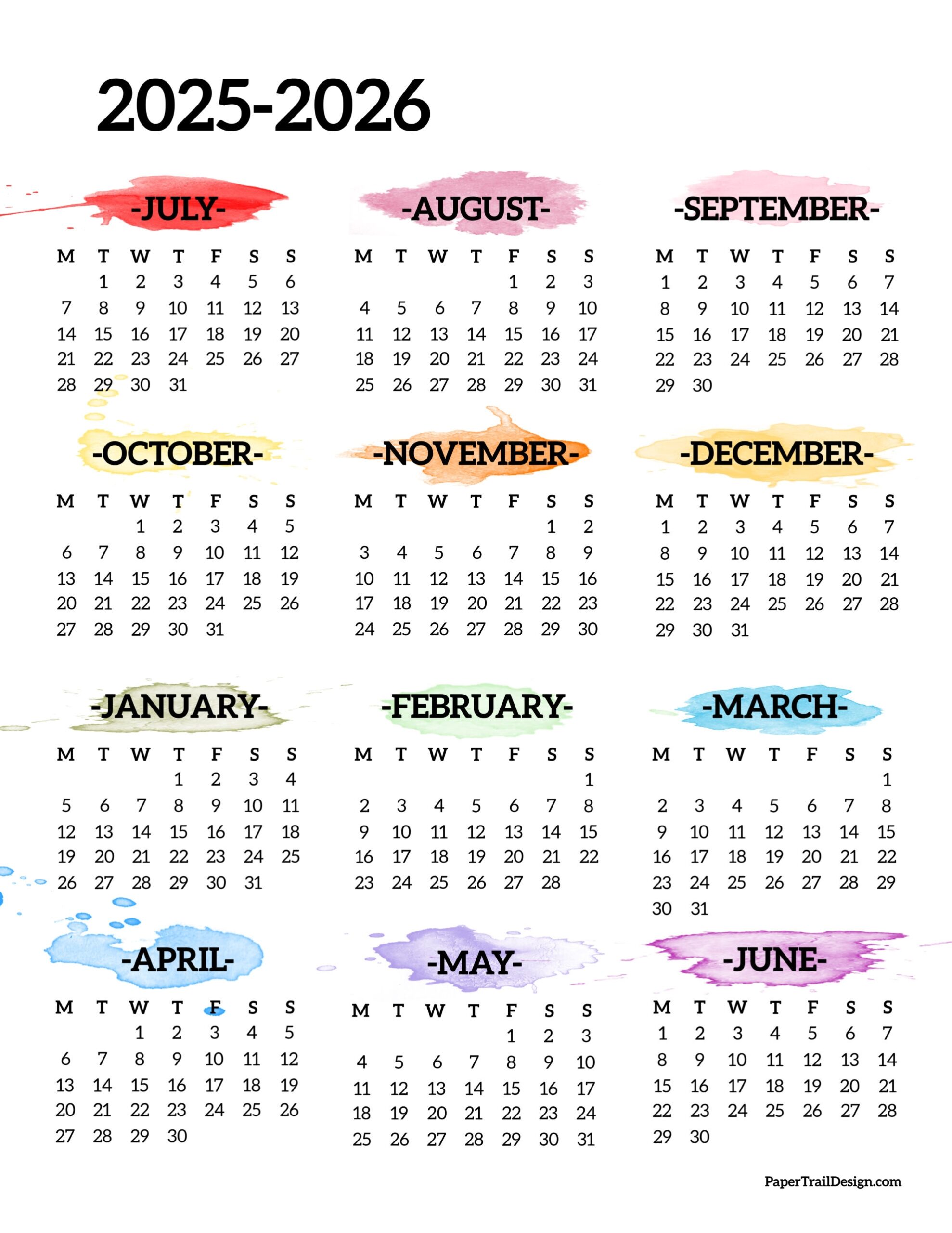 Printable Calendar July 2025 Through June 2026