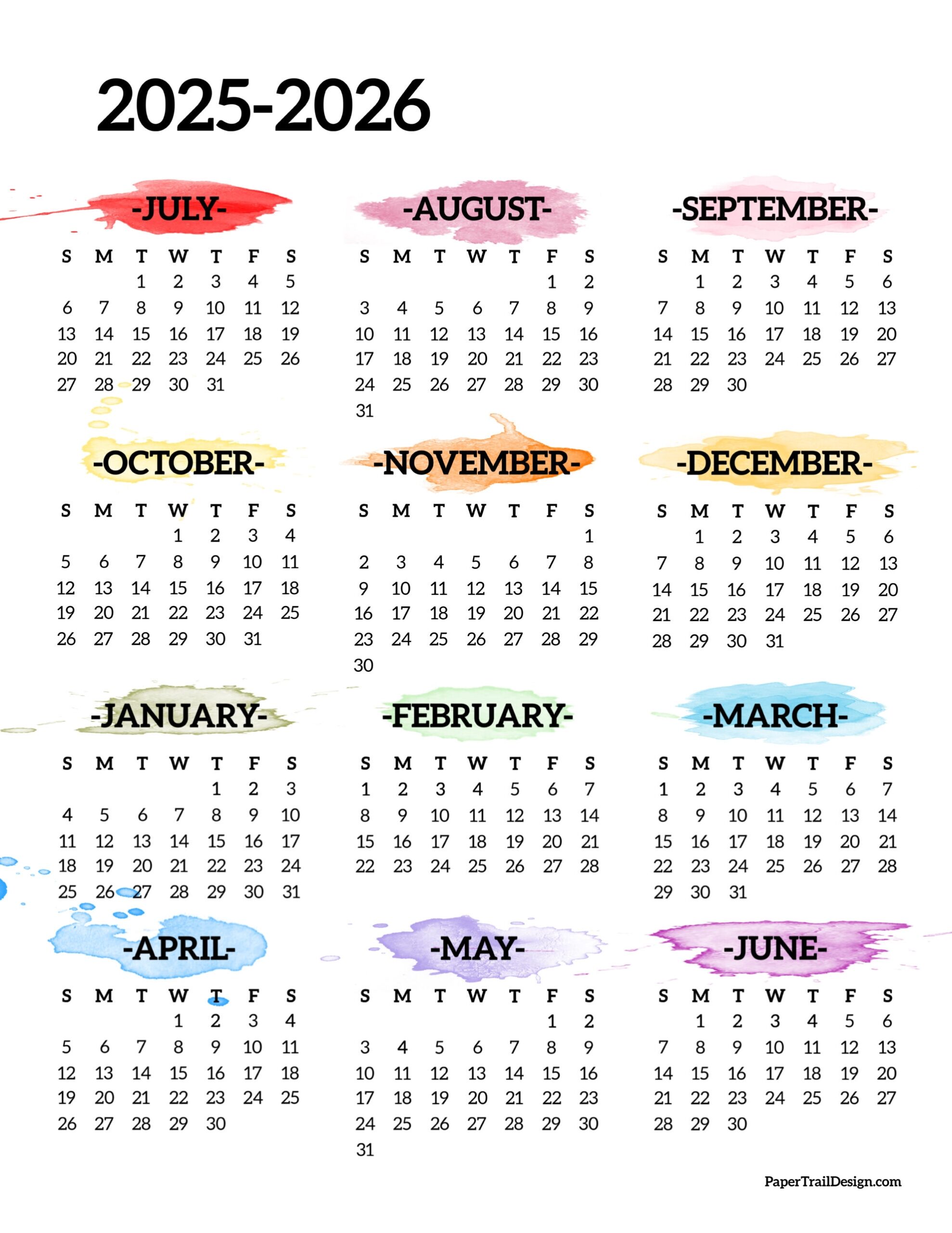 Printable Calendar July 2025 June 2026
