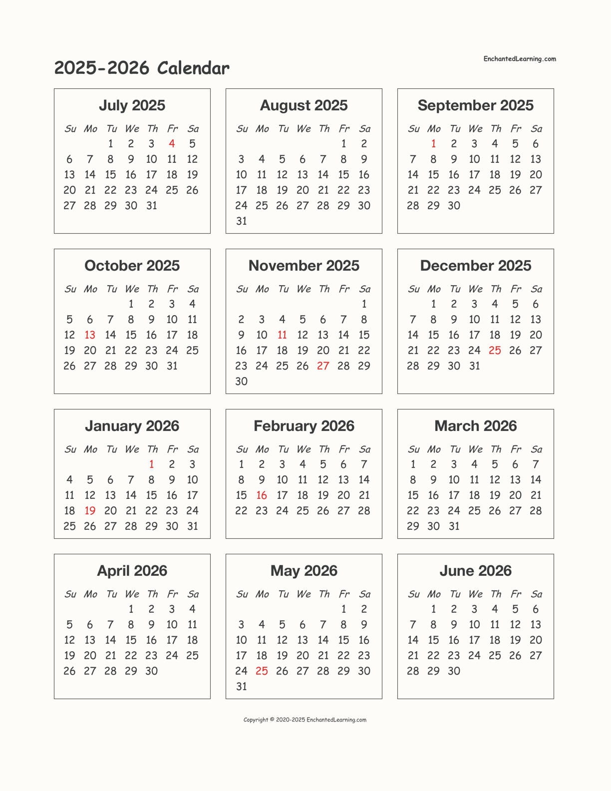 July 2025 To June 2026 Calendar Printable Free