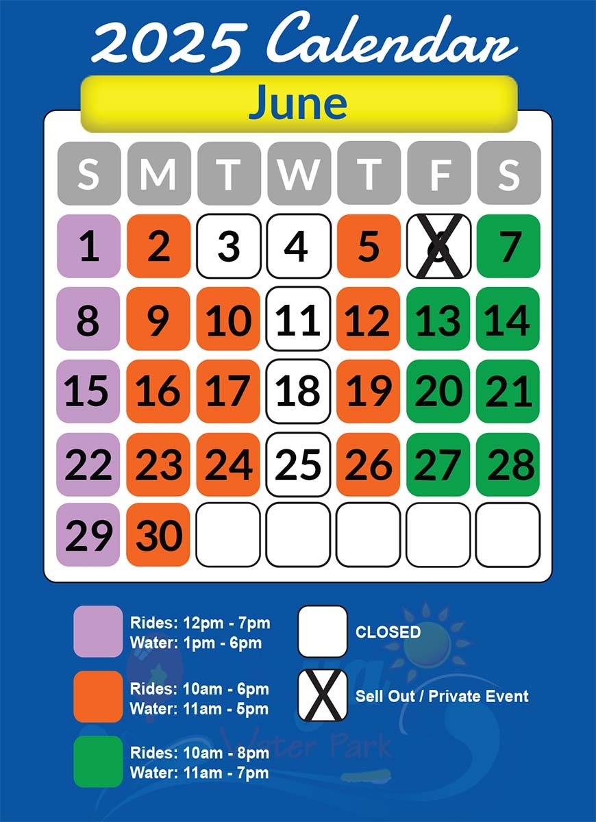 2025 June Calendar Lake Winnie Amusement Park U0026 Water Park