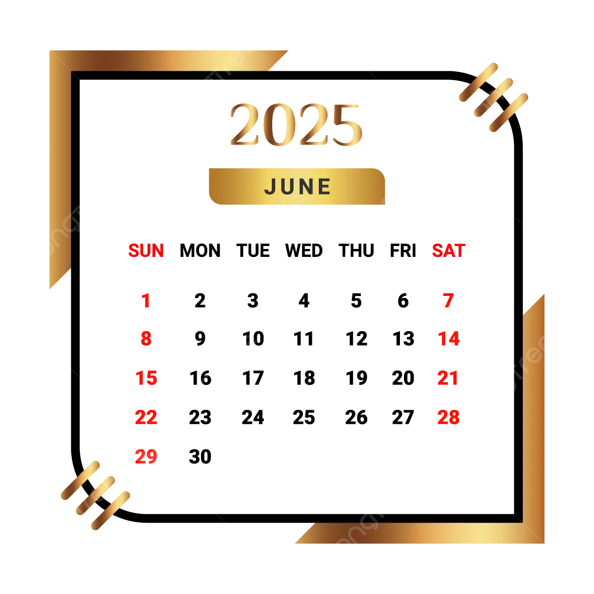 2025 June Month Calendar With Black And Golden Vector Monthly Calendar Calendar June 2025 PNG And Vector With Transparent Background For Free Download