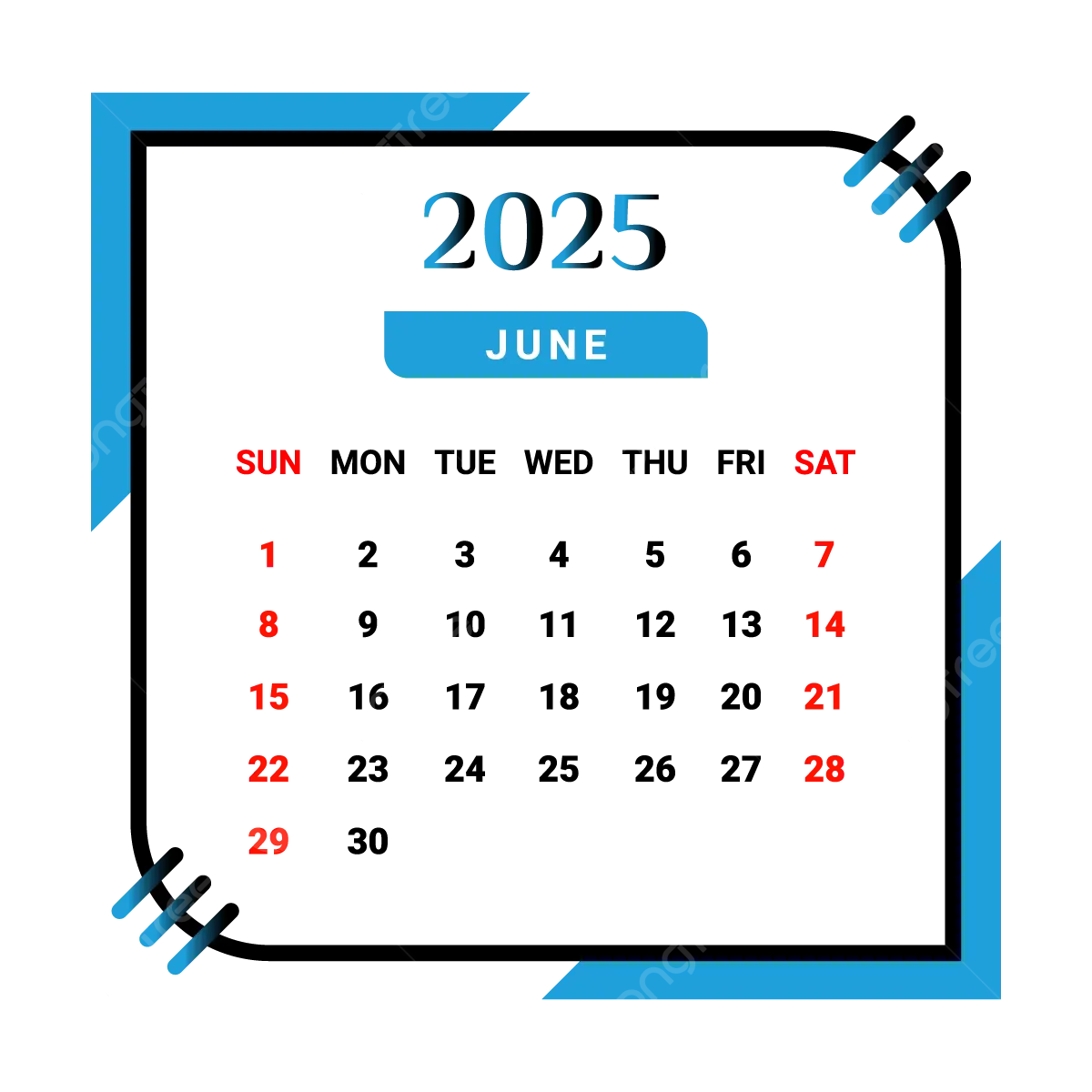 2025 June Month Calendar With Black And Skyblue Vector Monthly Calendar Calendar June 2025 PNG And Vector With Transparent Background For Free Download