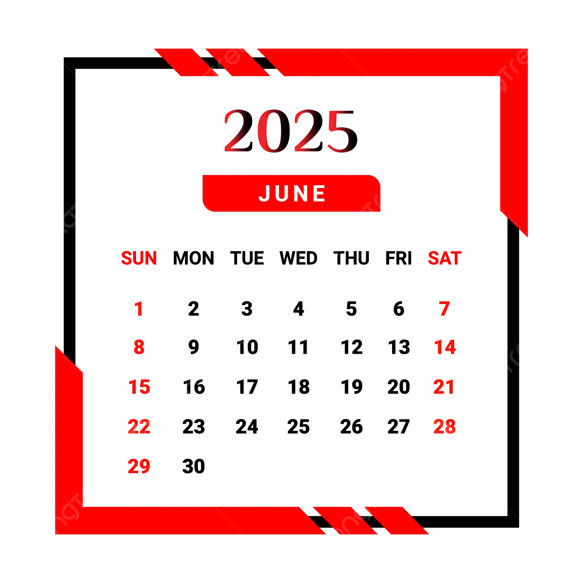 2025 June Month Calendar With Red And Black Unique Style Vector Monthly Calendar Calendar June 2025 PNG And Vector With Transparent Background For Free Download
