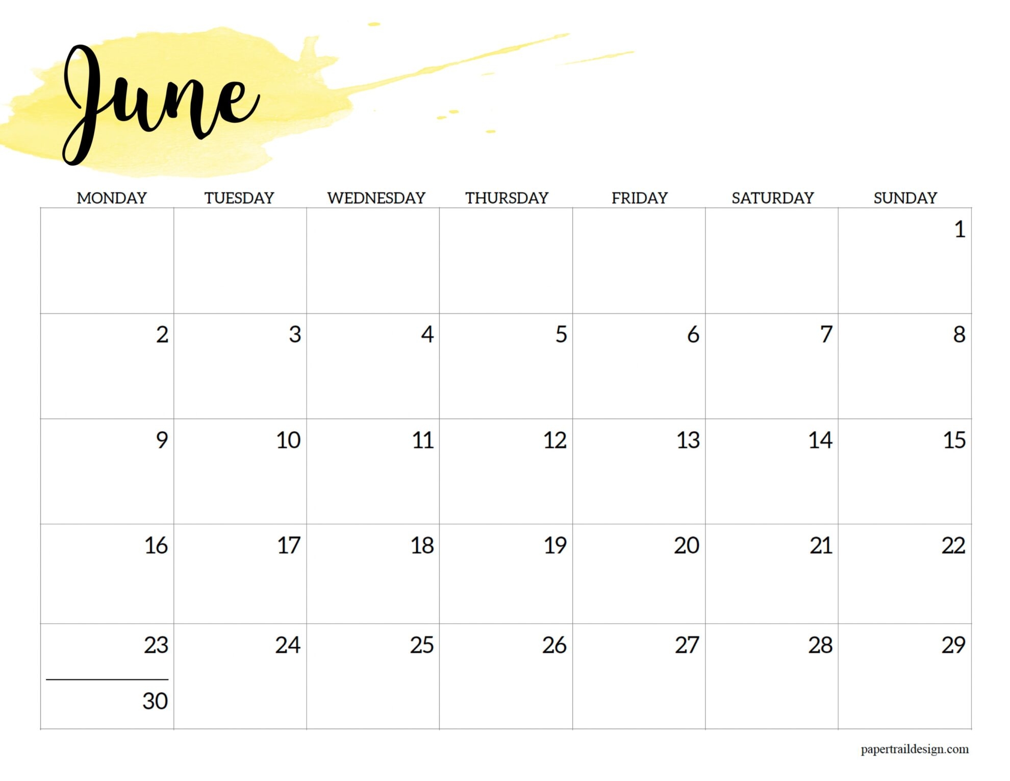 2025 Monday Start Calendar Printable Watercolor Paper Trail Design