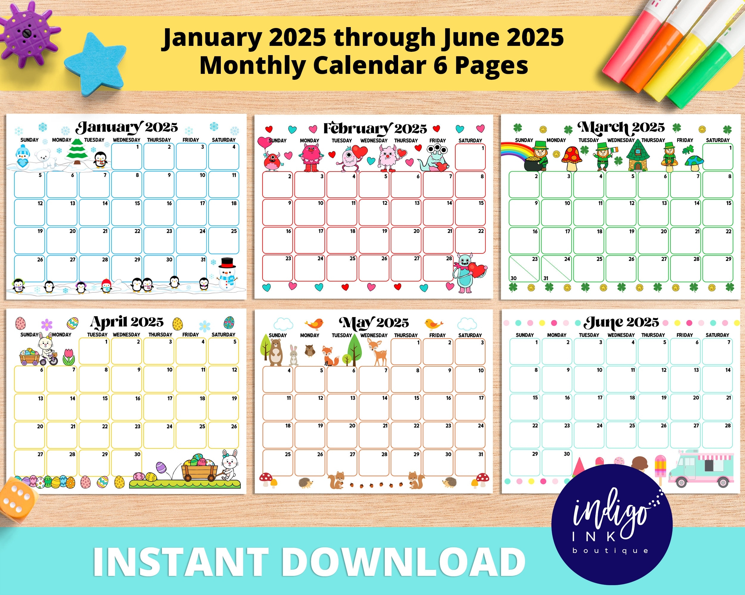 2025 Monthly Calendar Printable INSTANT DOWNLOAD January 2025 