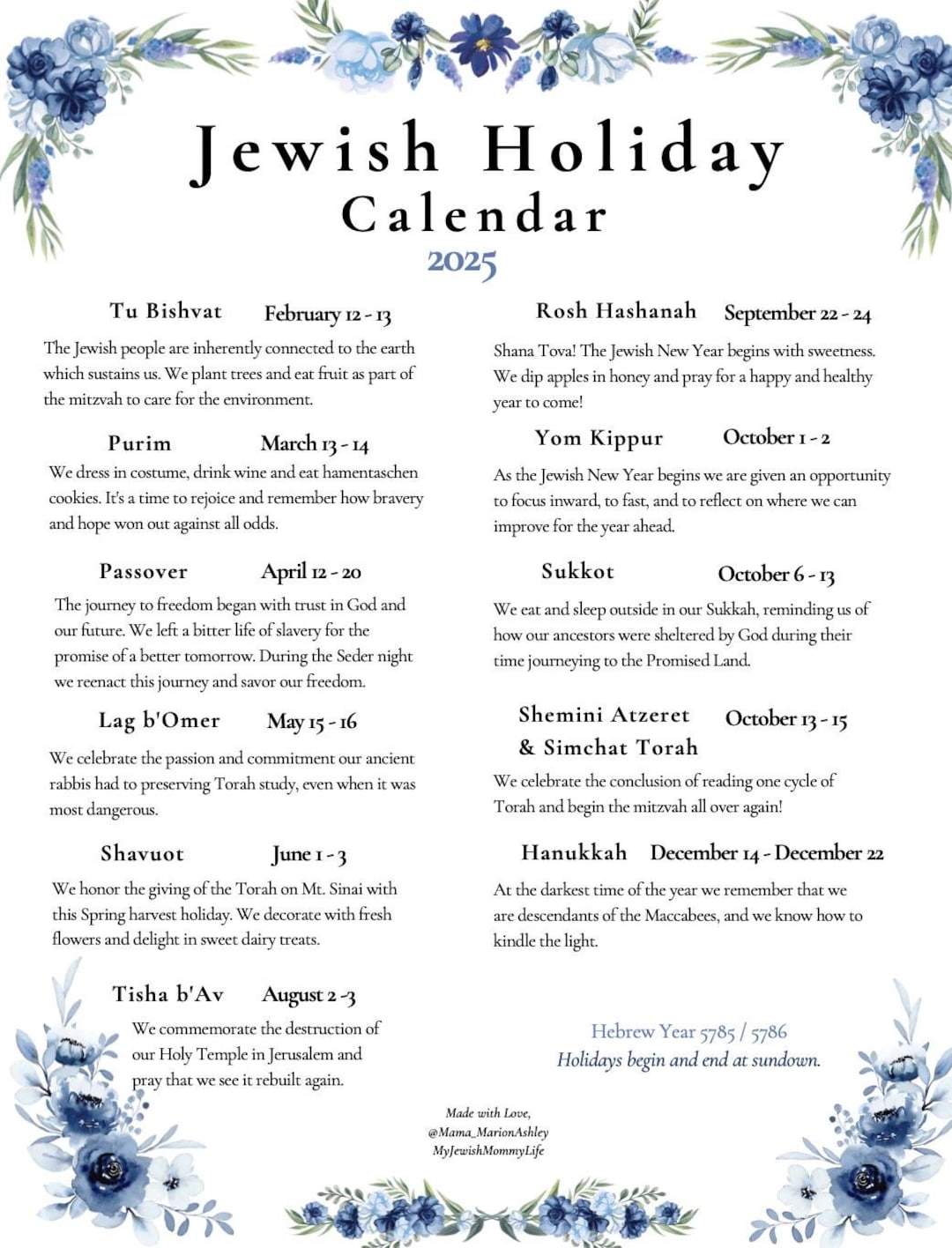 2025 NEW Jewish Holiday Calendar Hebrew Calendar 5785 U0026 5786 Hanukkah Etsy