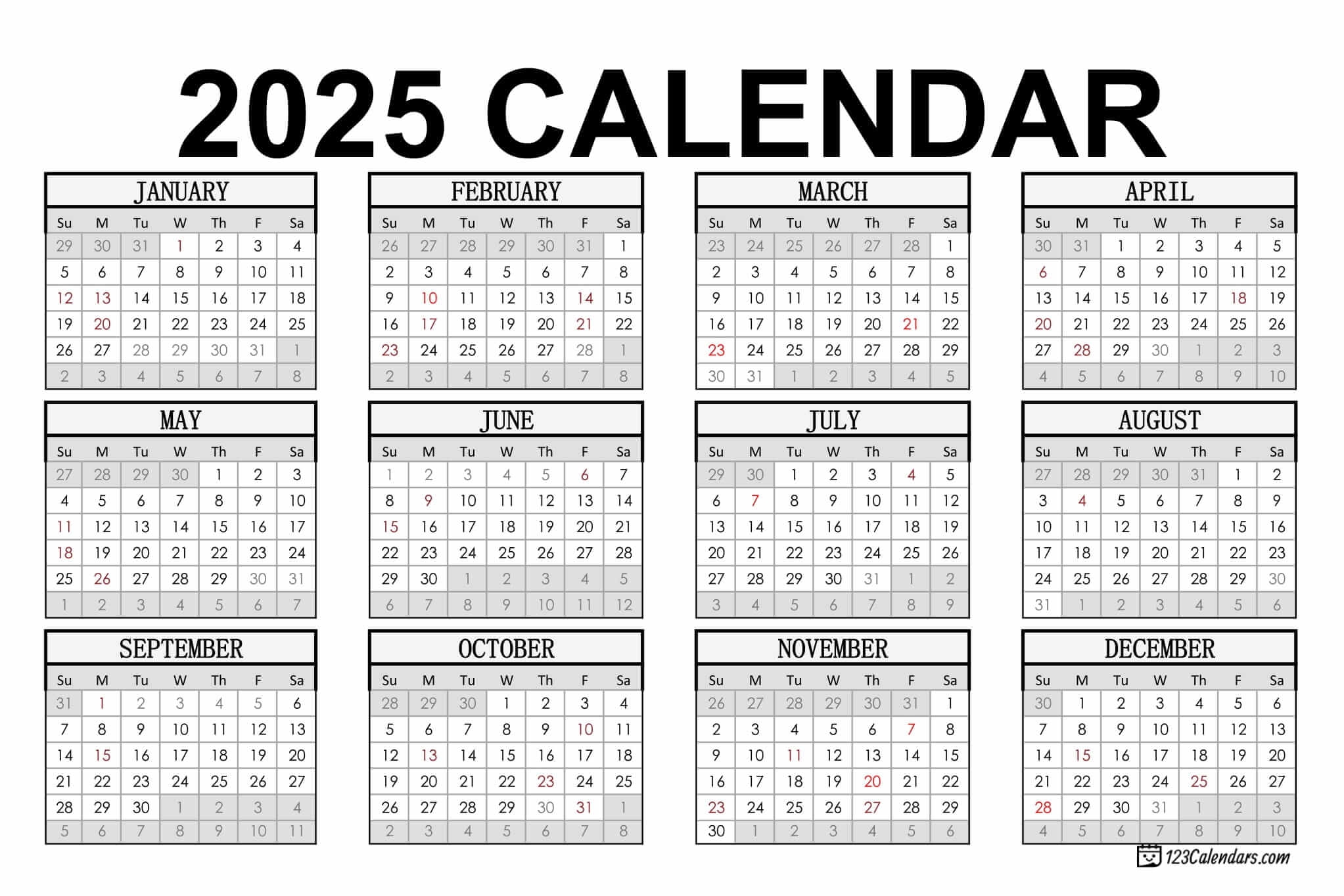 2025 Printable Calendar 123Calendars
