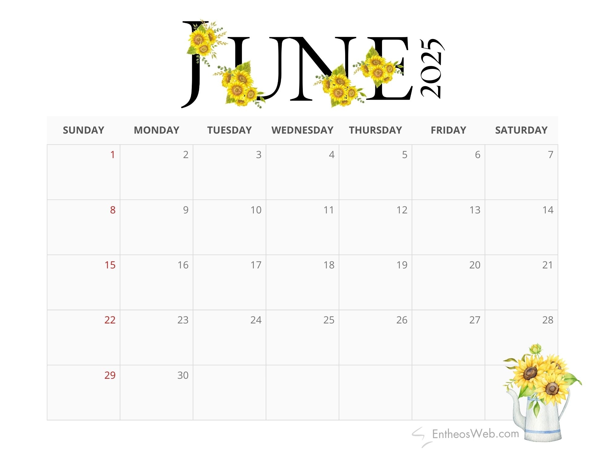 2025 Sunflowers Calendar PDF Printable EntheosWeb