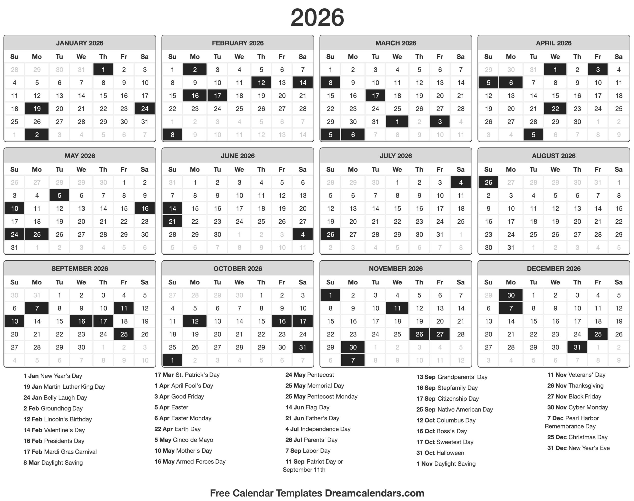 December 2026 January 2026 Calendar With Holidays