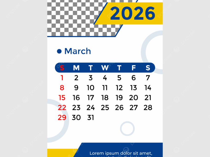 2026 Calendar March Month Blue And Yellow Vector Template Download On Pngtree
