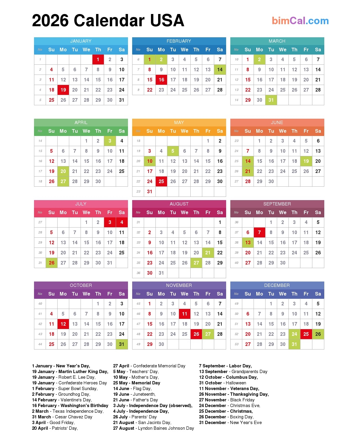 2026 Calendar USA BimCal