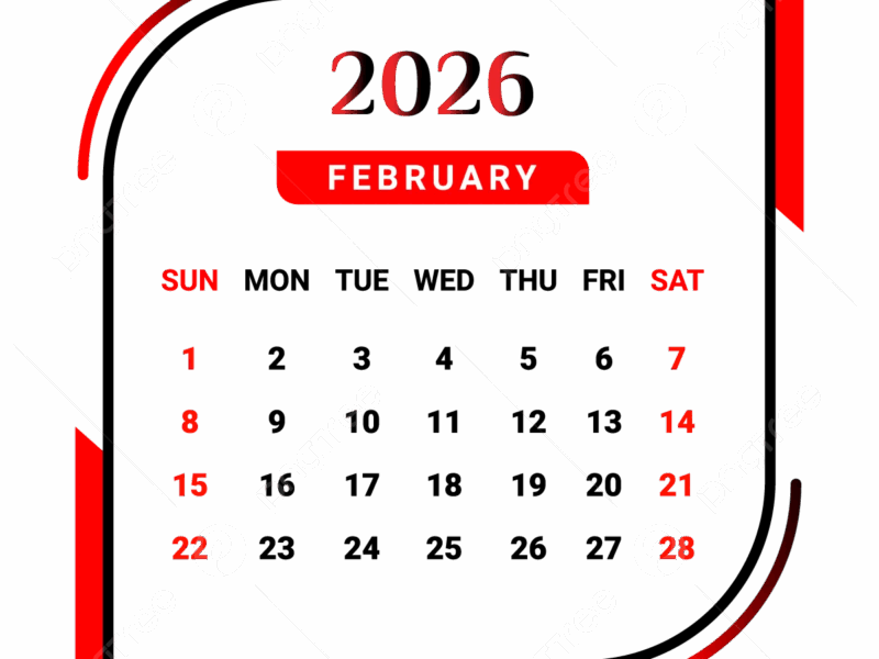 2026 February Month Calendar With Red And Black Vector Monthly