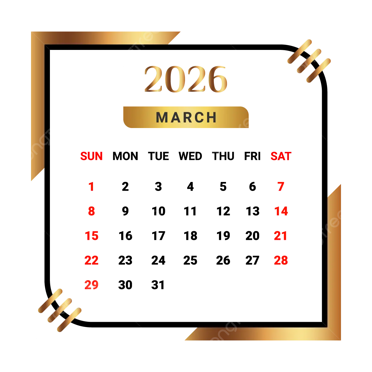 2026 March Month Calendar With Black And Golden Vector Monthly Calendar Calendar March 2026 PNG And Vector With Transparent Background For Free Download