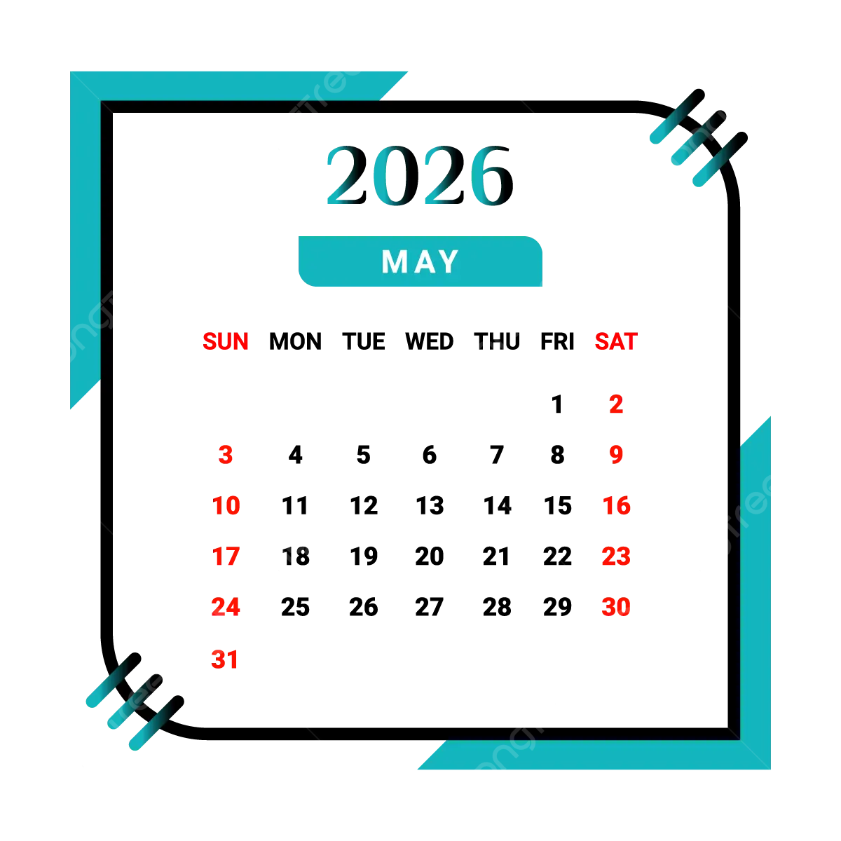 2026 May Month Calendar With Black And Green Vector Monthly Calendar Calendar May 2026 PNG And Vector With Transparent Background For Free Download