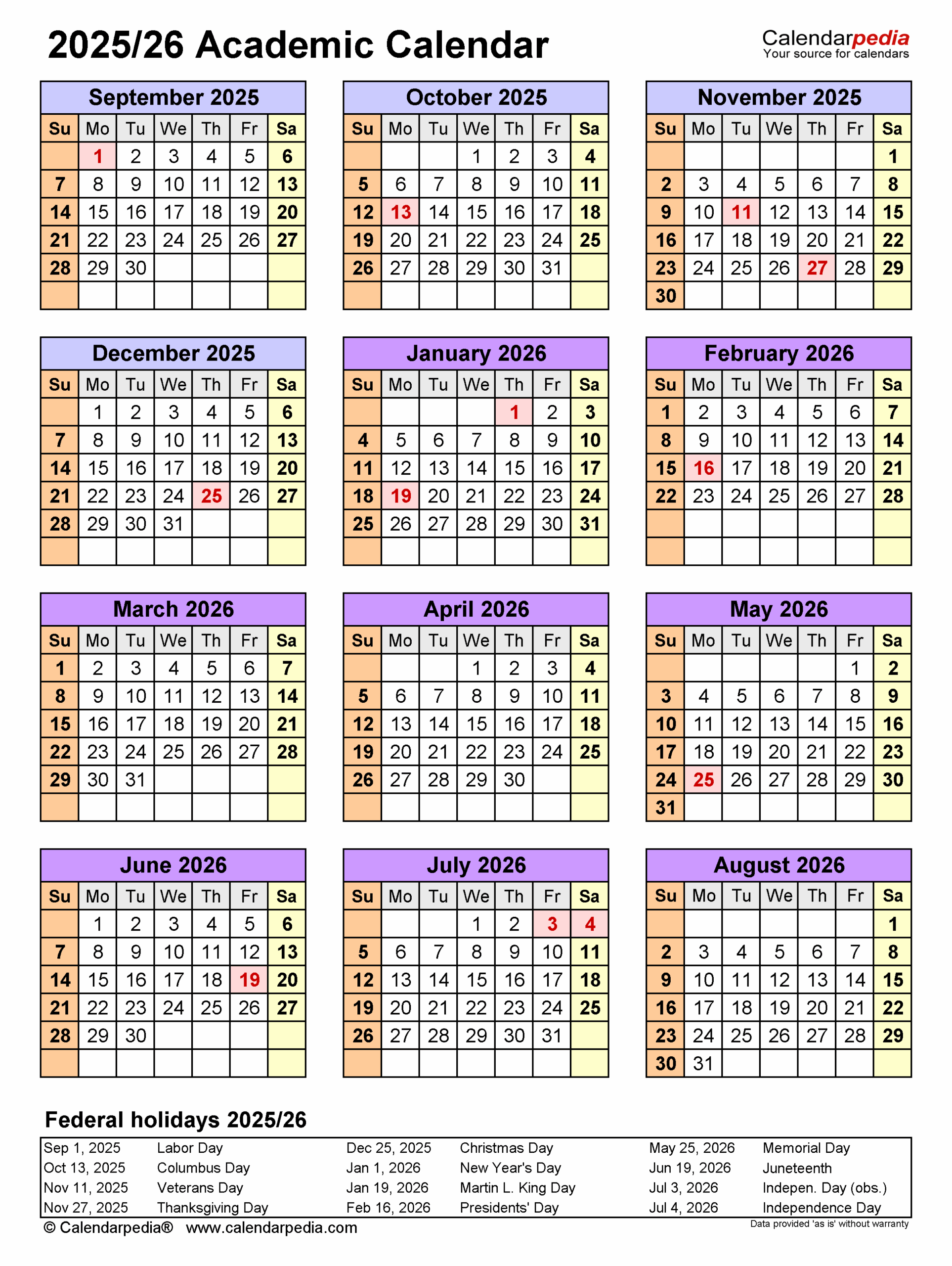 Academic Calendars 2025 2026 Free Printable PDF Templates