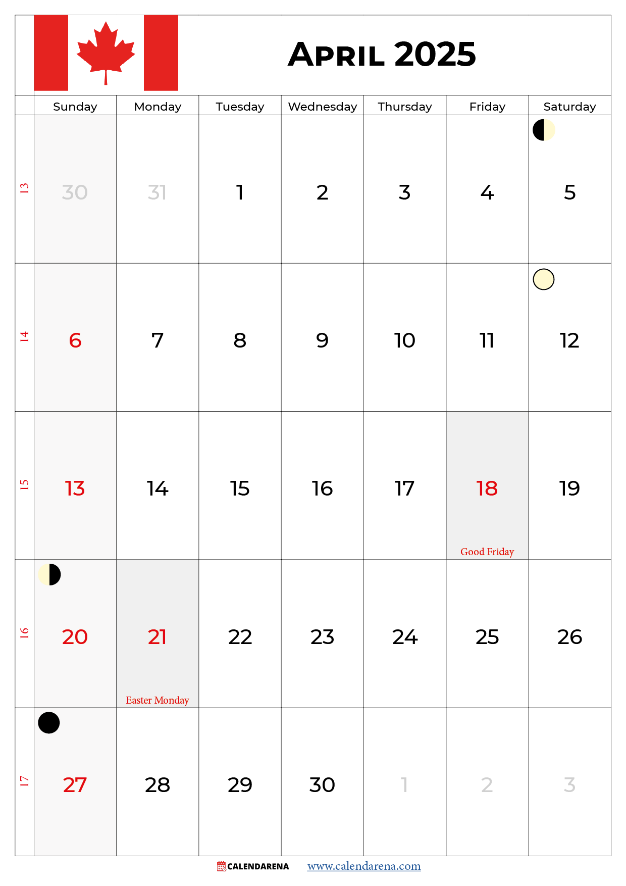 April 2025 Calendar Canada