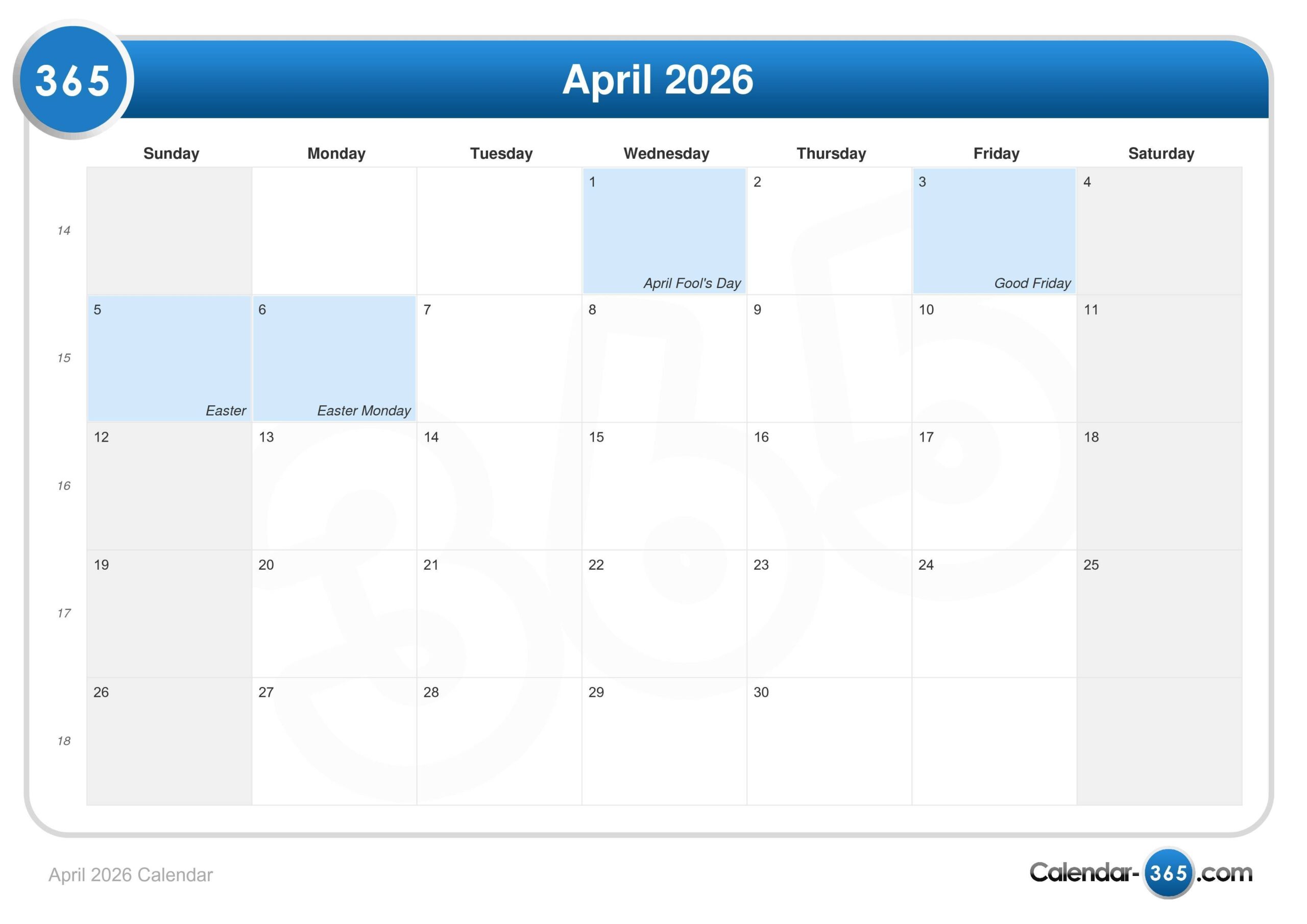 April 18 2026 Calendar