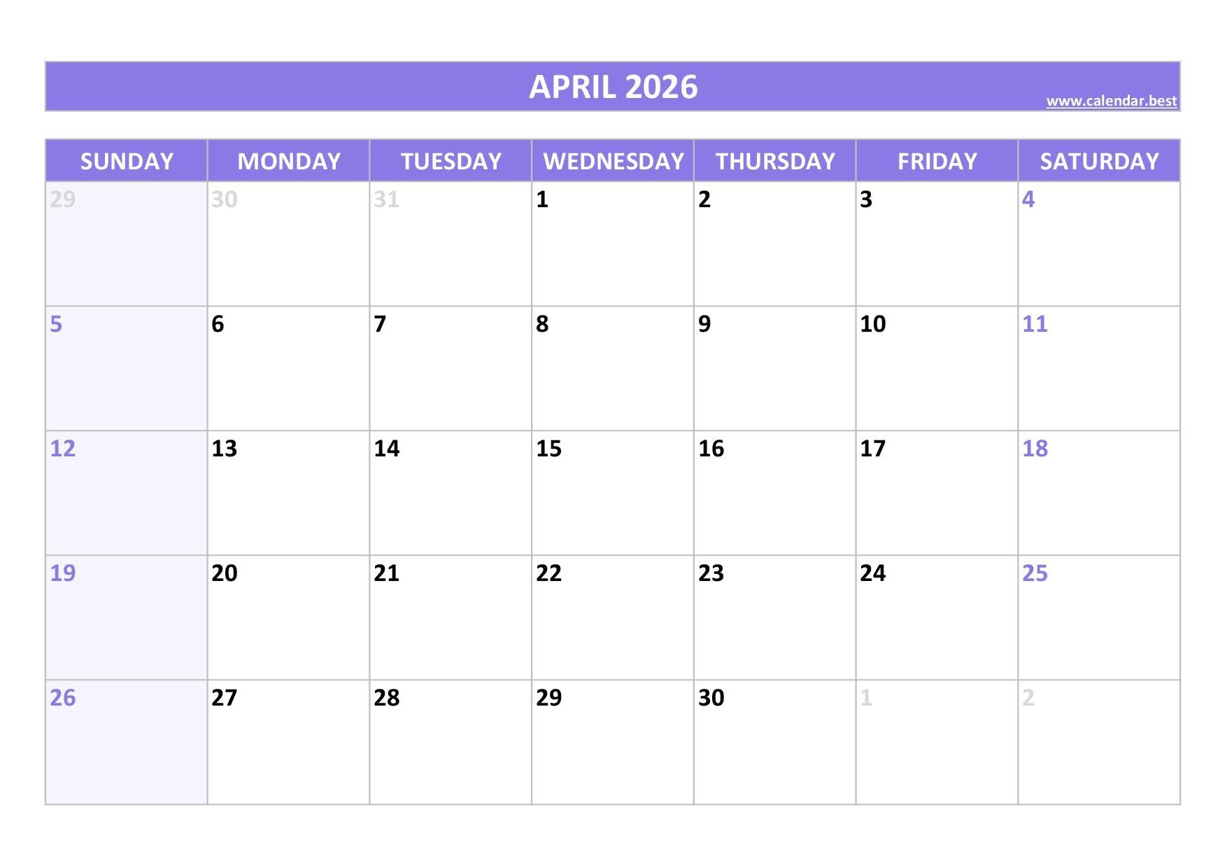 April 2026 Calendar Pdf