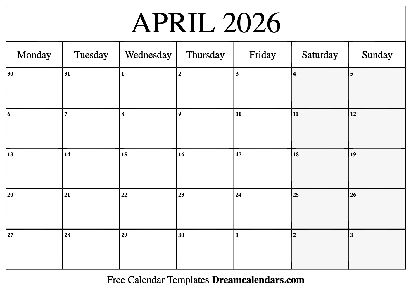 April Calendar 2026 Pdf