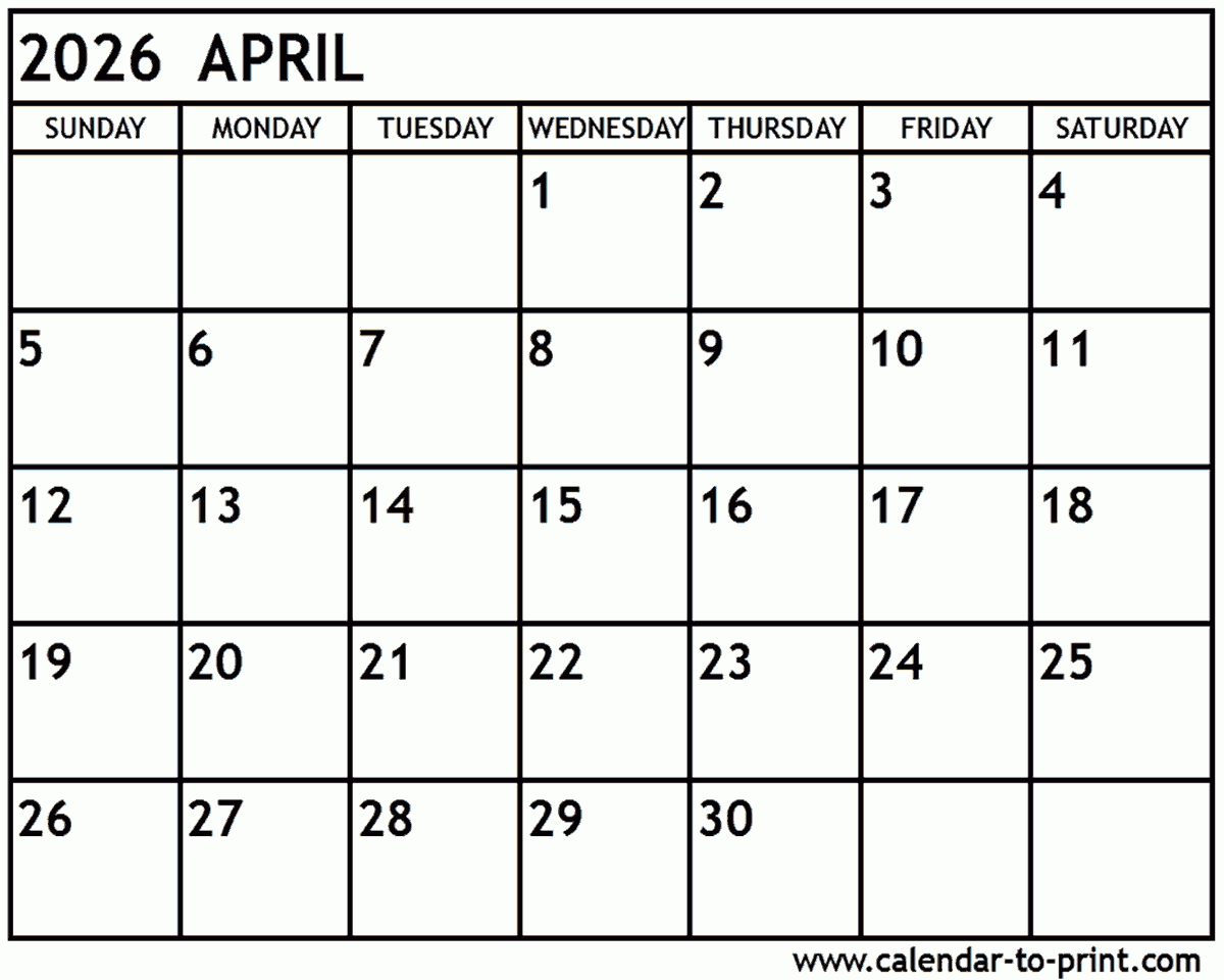 Calendar April May June 2026