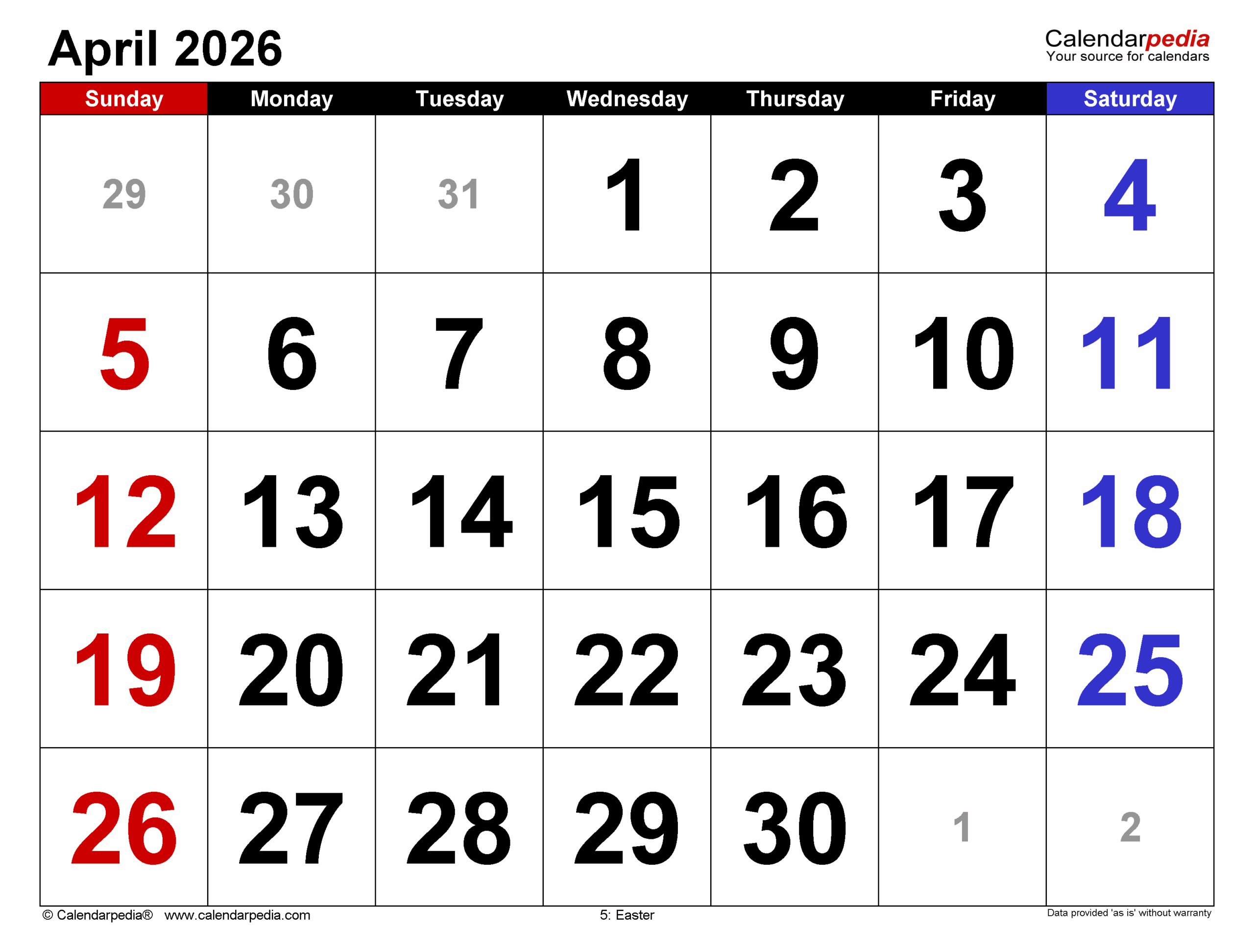 April 2026 Calendar Printable