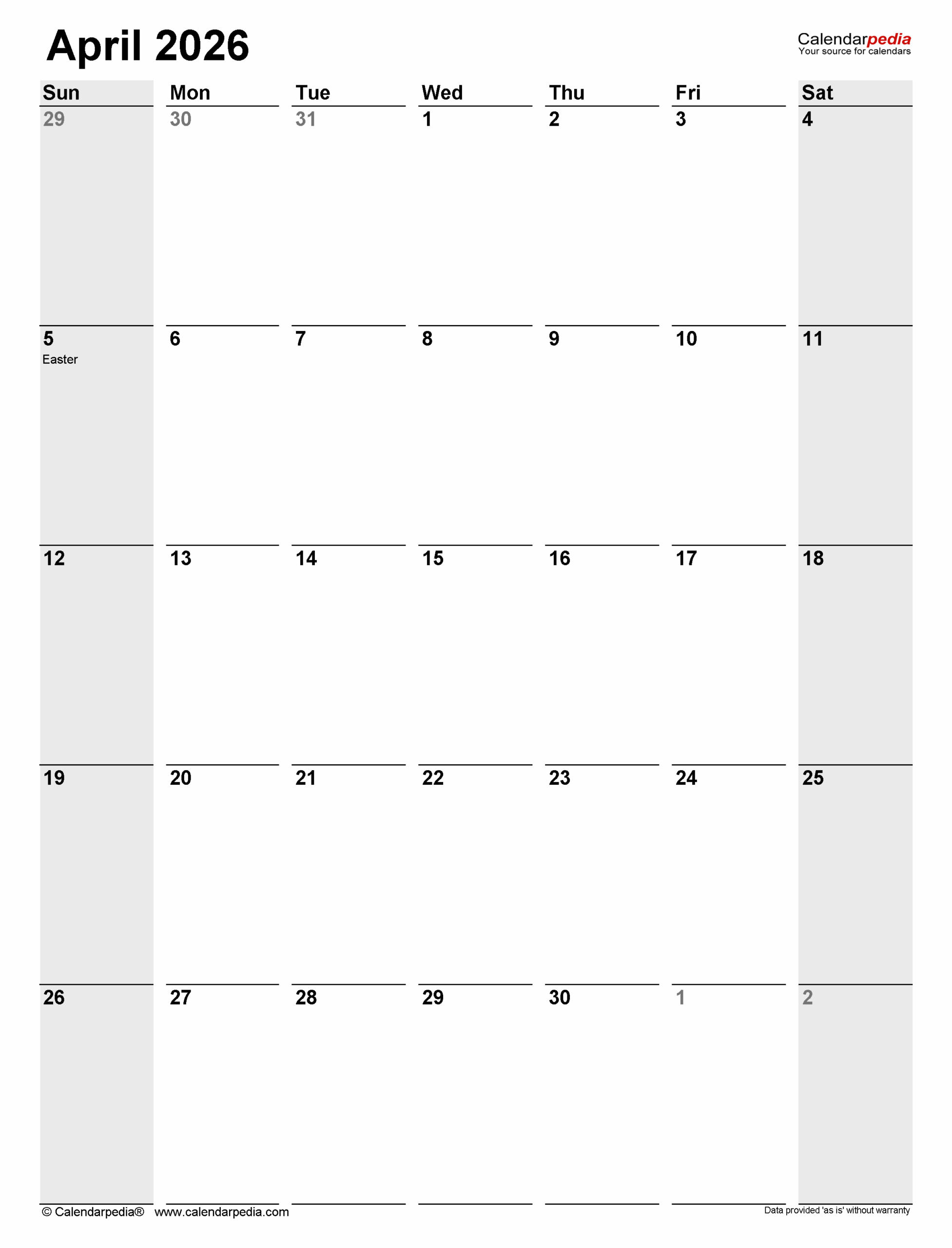 April 2026 Calendar Templates For PDF Excel And Word