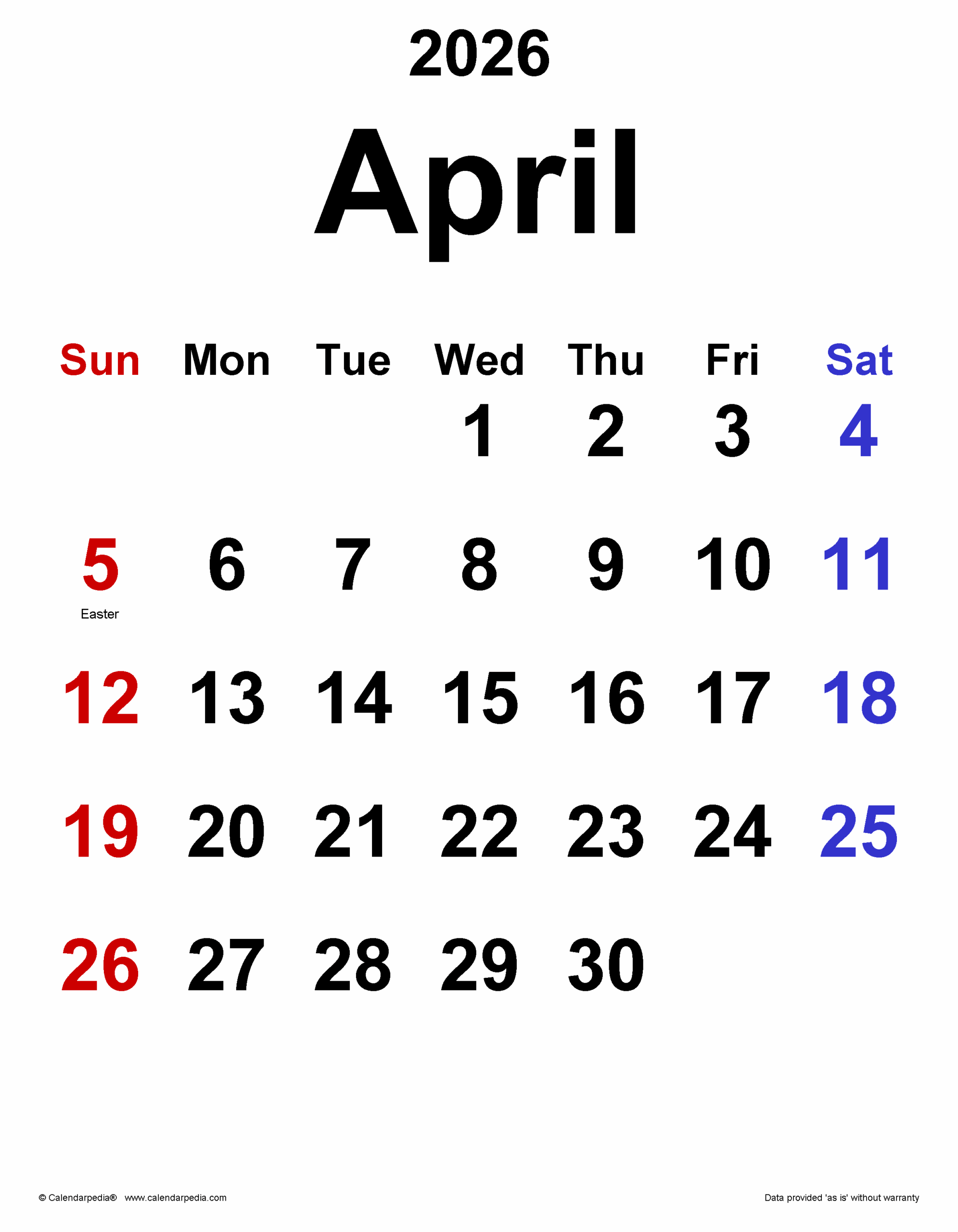 Calendar Month Of April 2026