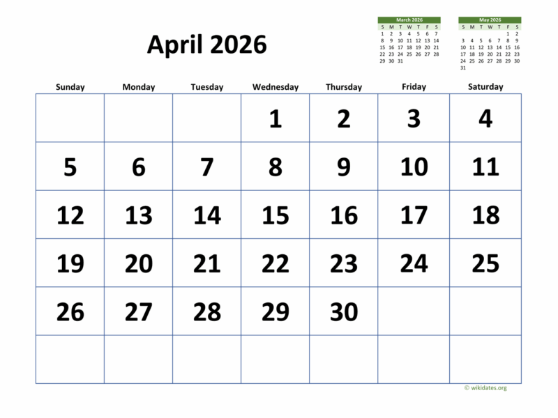 April 2026 Calendar With Extra large Dates WikiDates