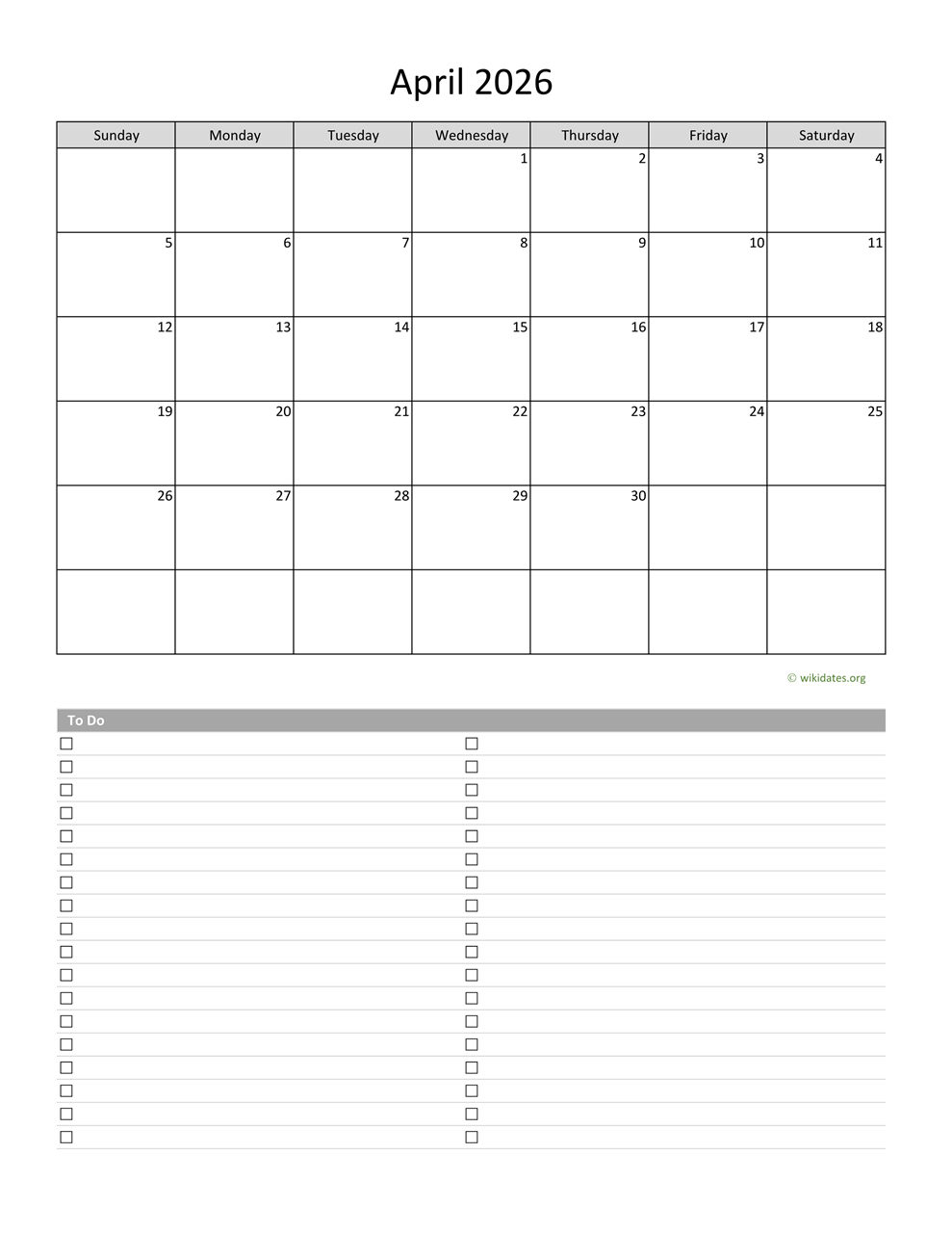 April 2026 Calendar With To Do List WikiDates