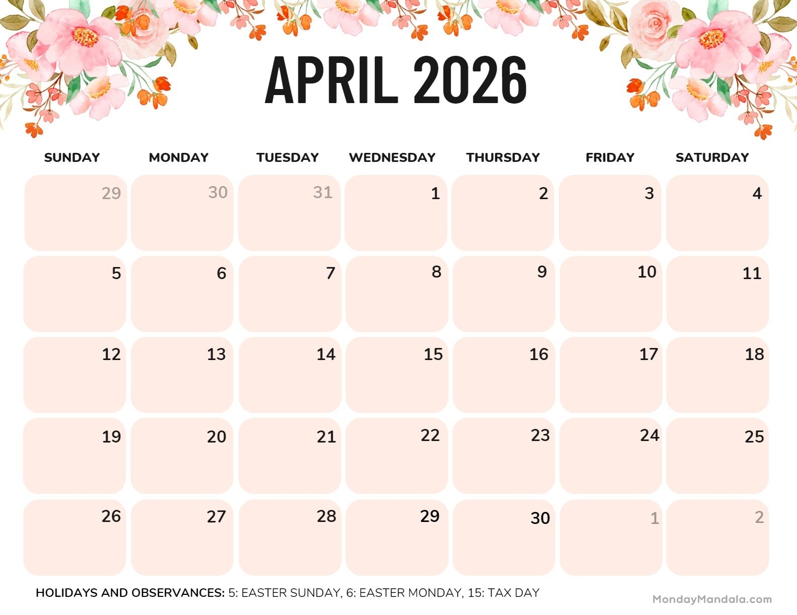 April Printable Calendar 2026