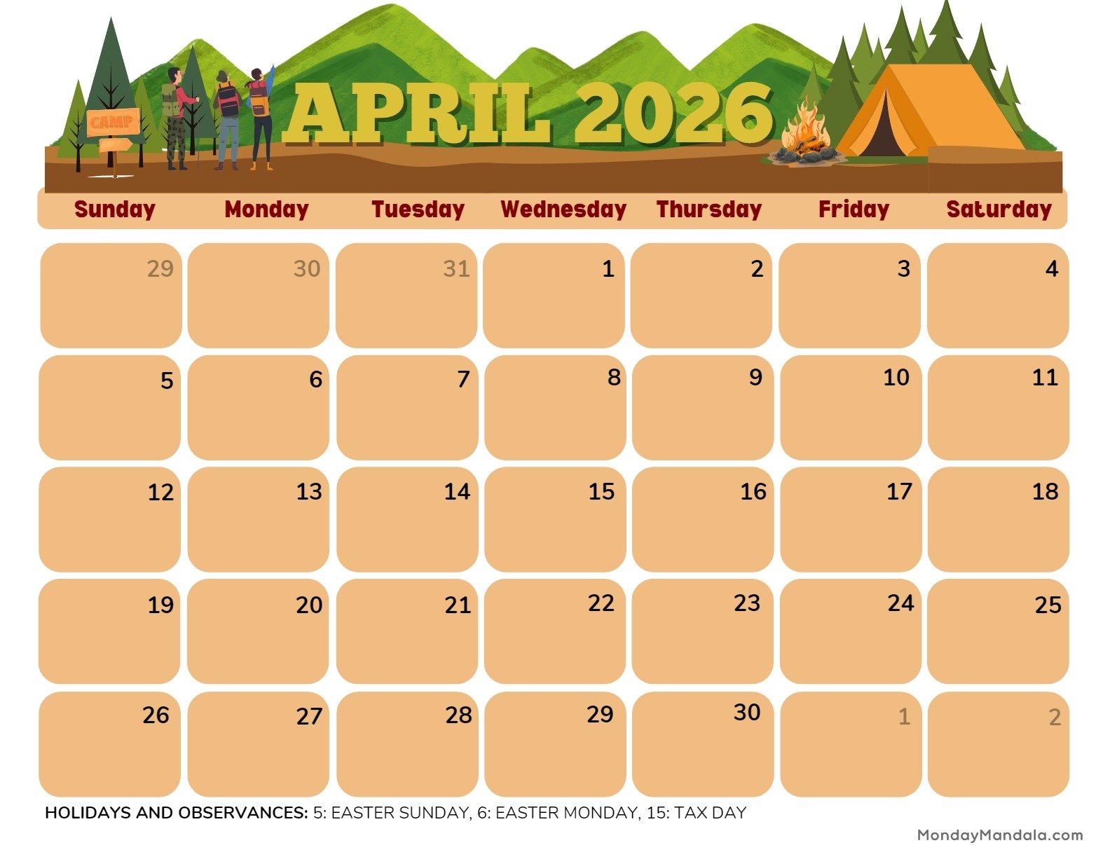 Free April 2026 Printable Calendar