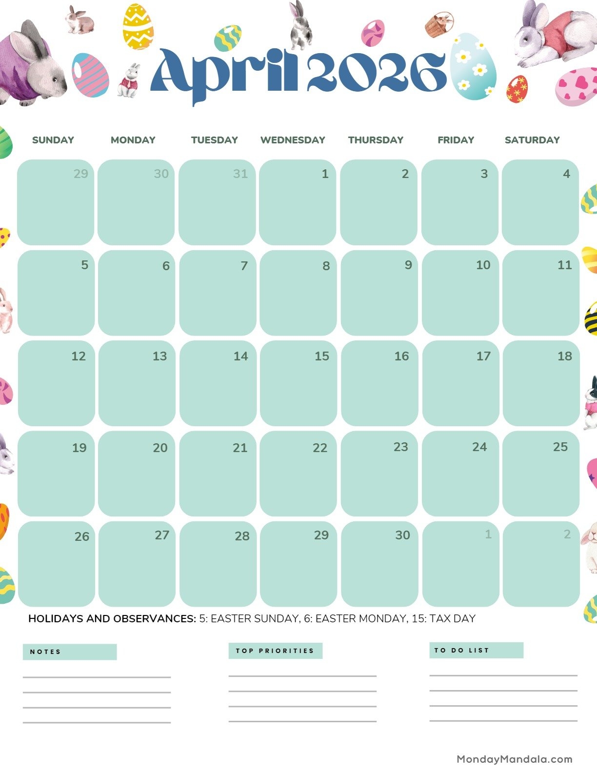 Cute April Calendar 2026