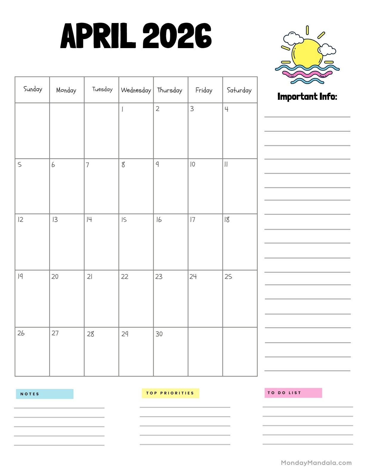 April 2026 Calendar With Notes