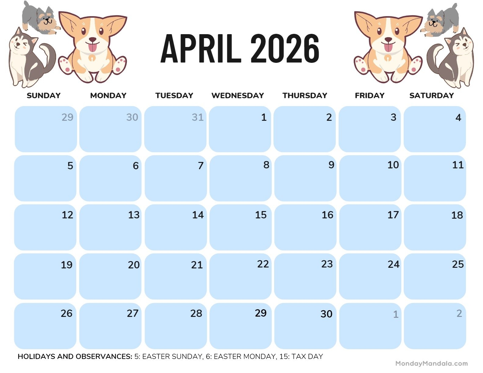 April 2026 Calendar Monday Start