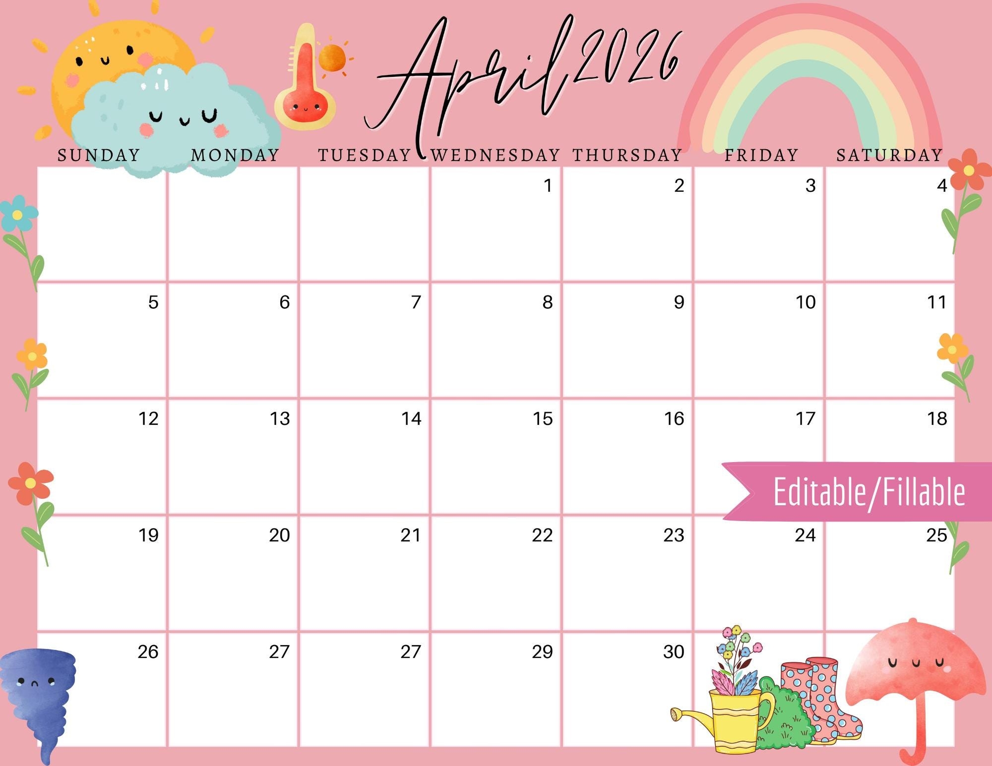 April 2026 Digital Calendar Light Pink Easter Sunday Editable Fillable Printable Calendar For Planning PDF PNG And JPG Download