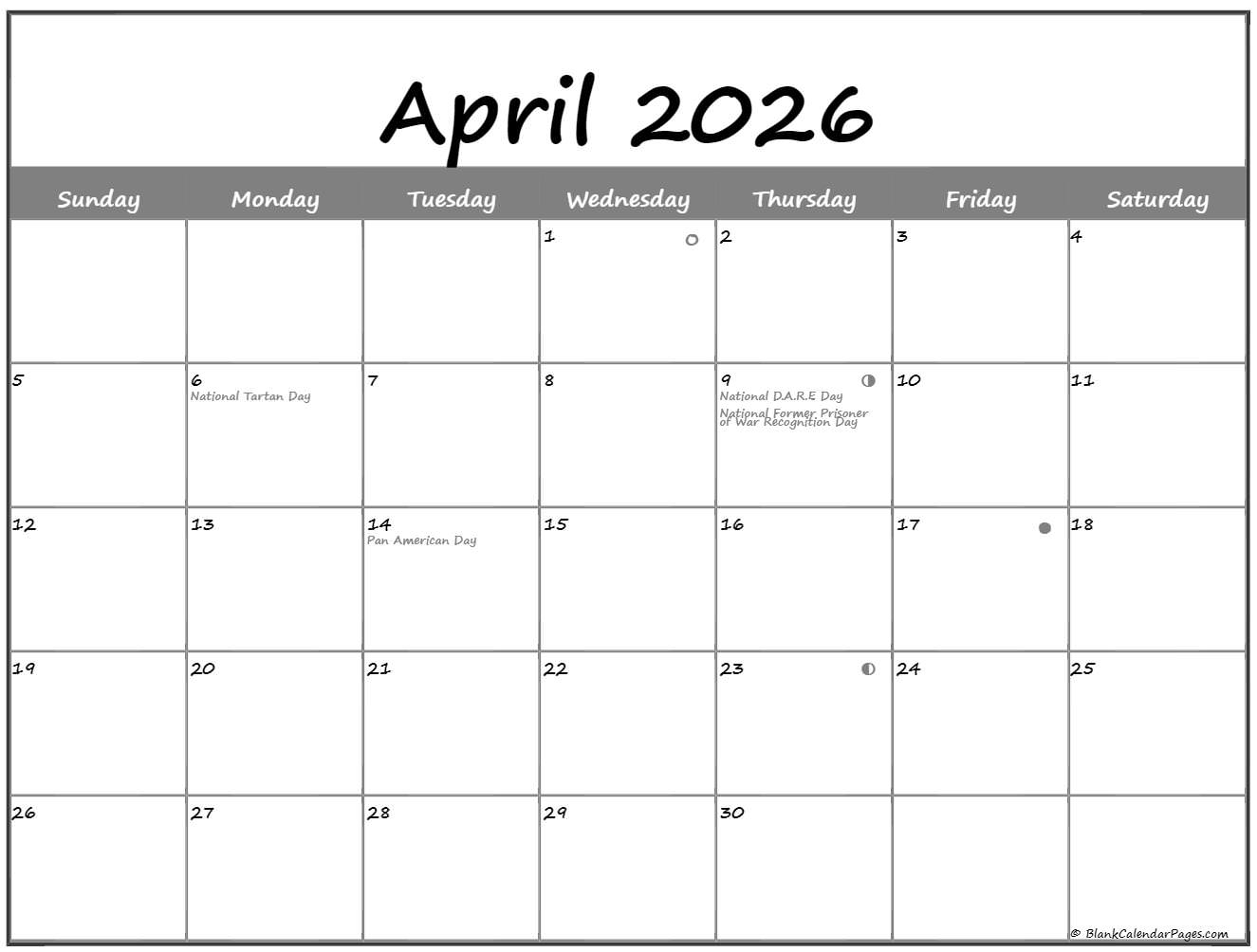 April 2026 Lunar Calendar Moon Phase Calendar