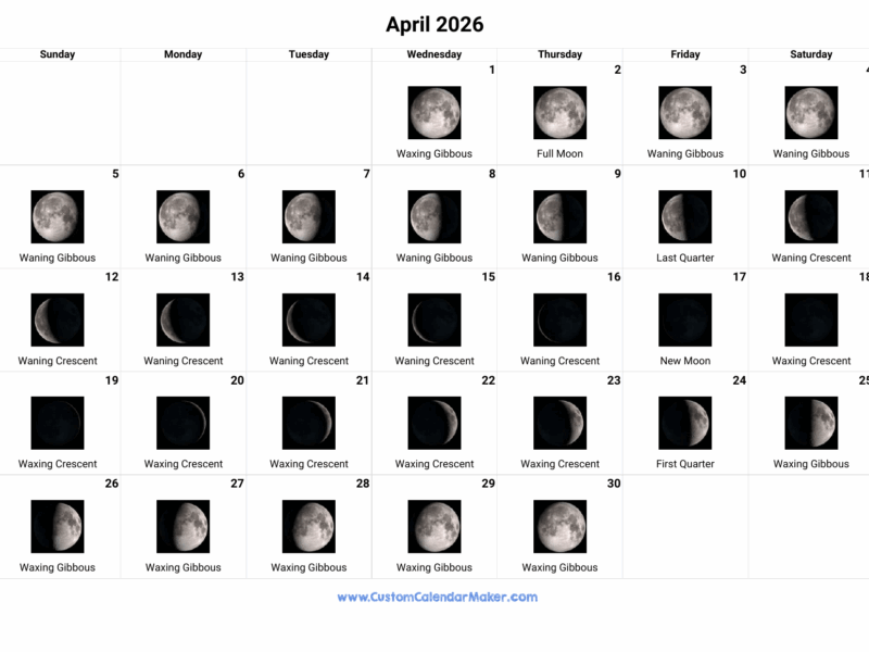 April 2026 Moon Phases Calendar Custom Calendar Maker