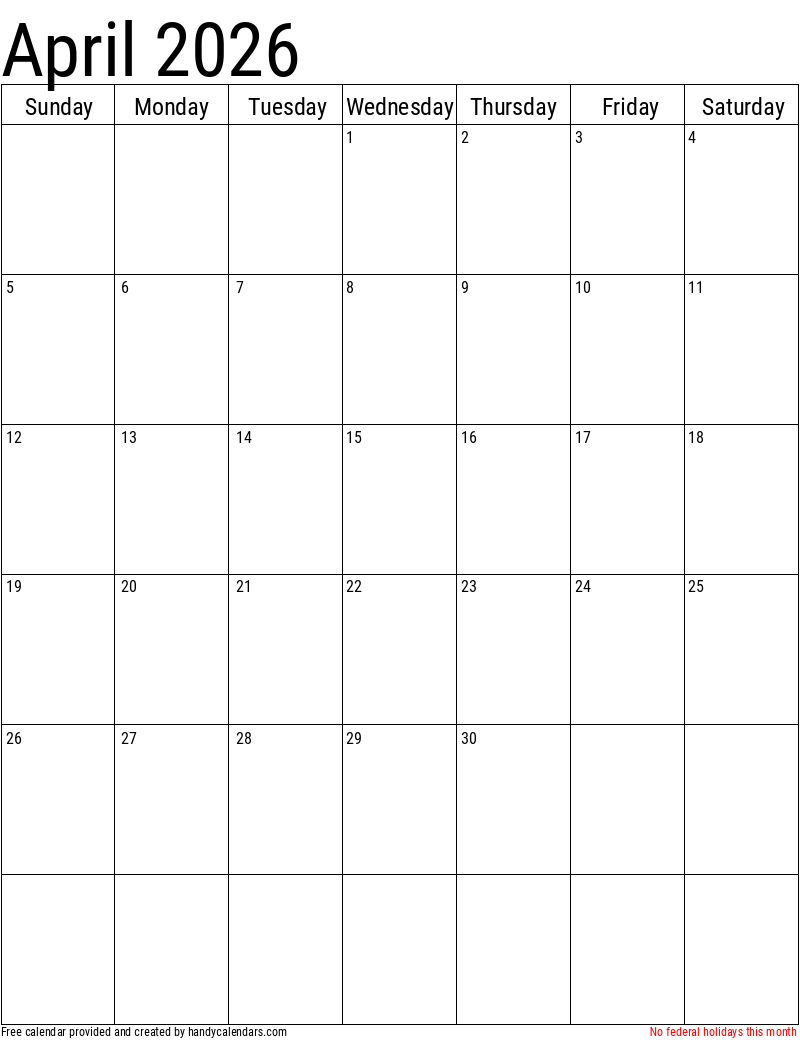 April 2026 Vertical Calendar With Holidays Handy Calendars