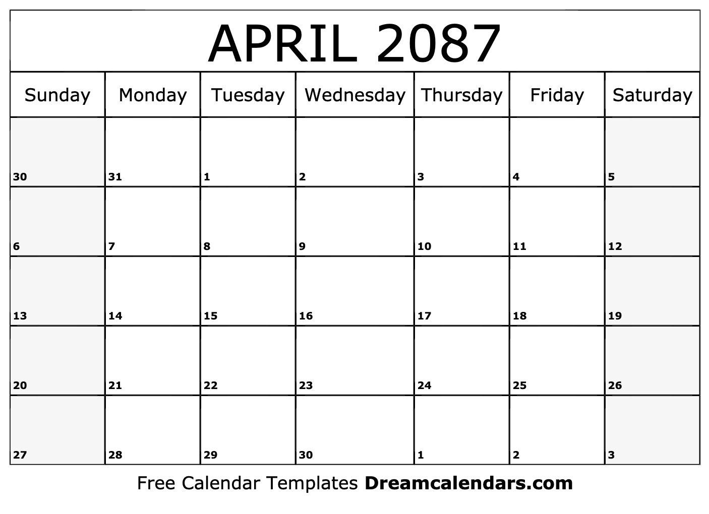 April 2087 Calendar Free Printable With Holidays And Observances