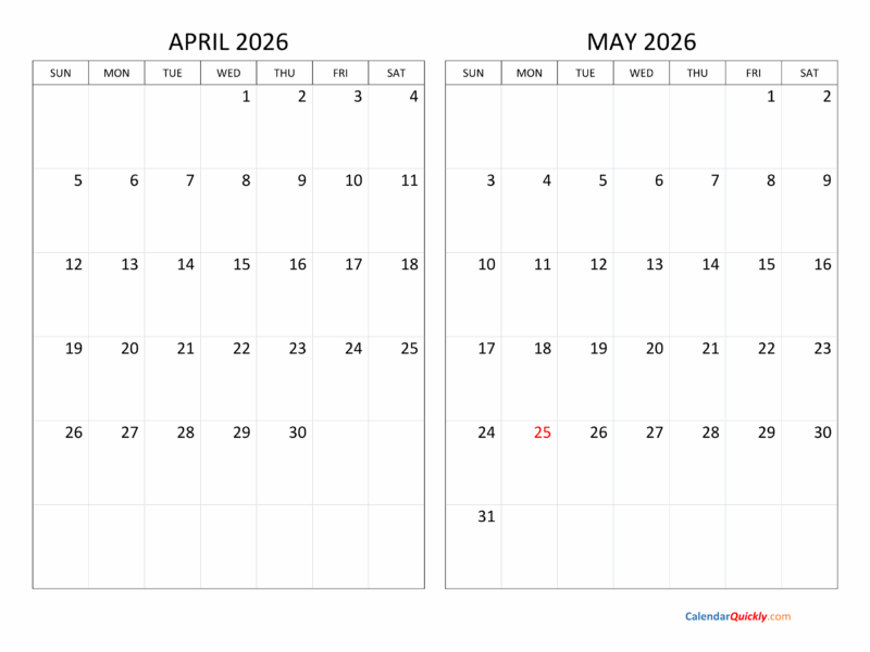 April And May 2026 Calendar Calendar Quickly