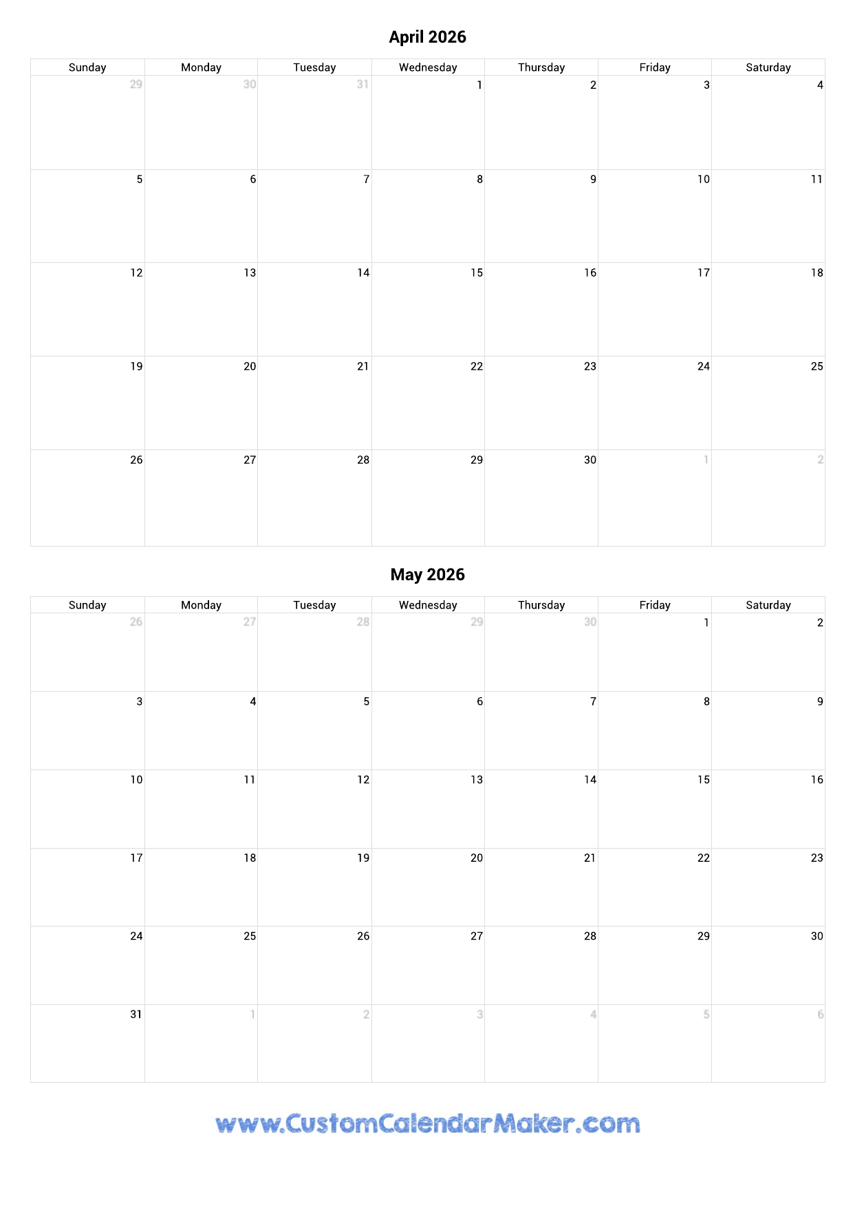 Calendar April May 2026