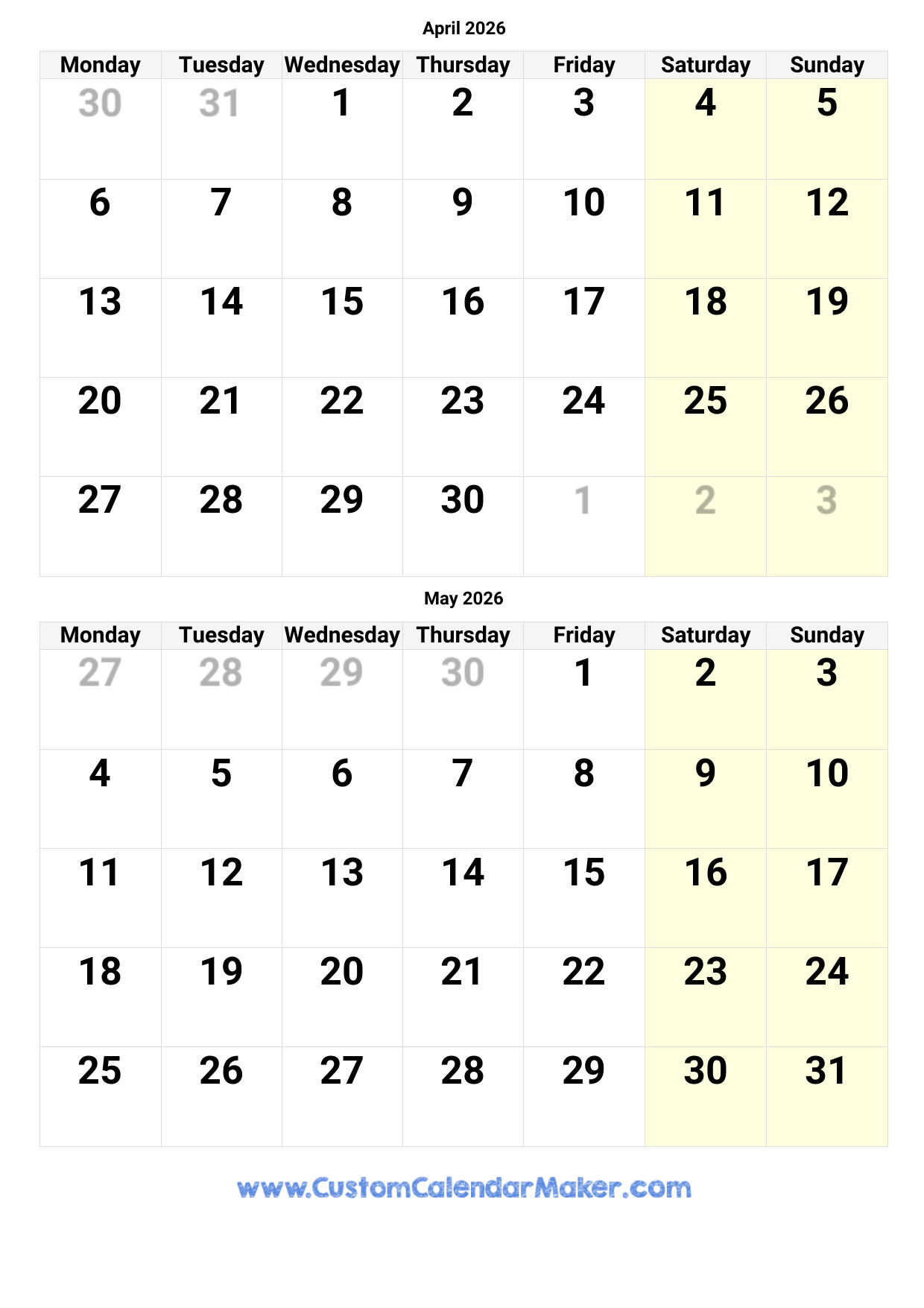 April And May 2026 Calendar Custom Calendar Maker