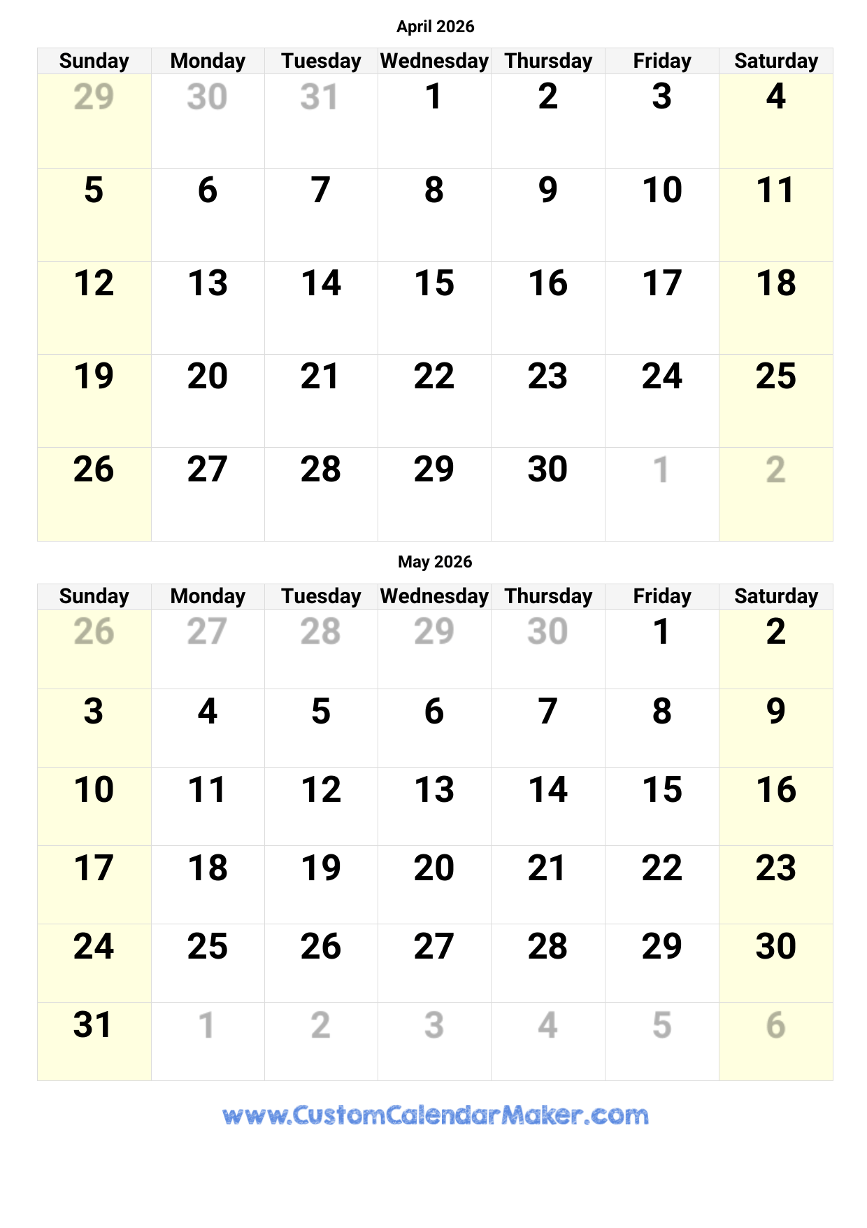 April May June July 2026 Calendar