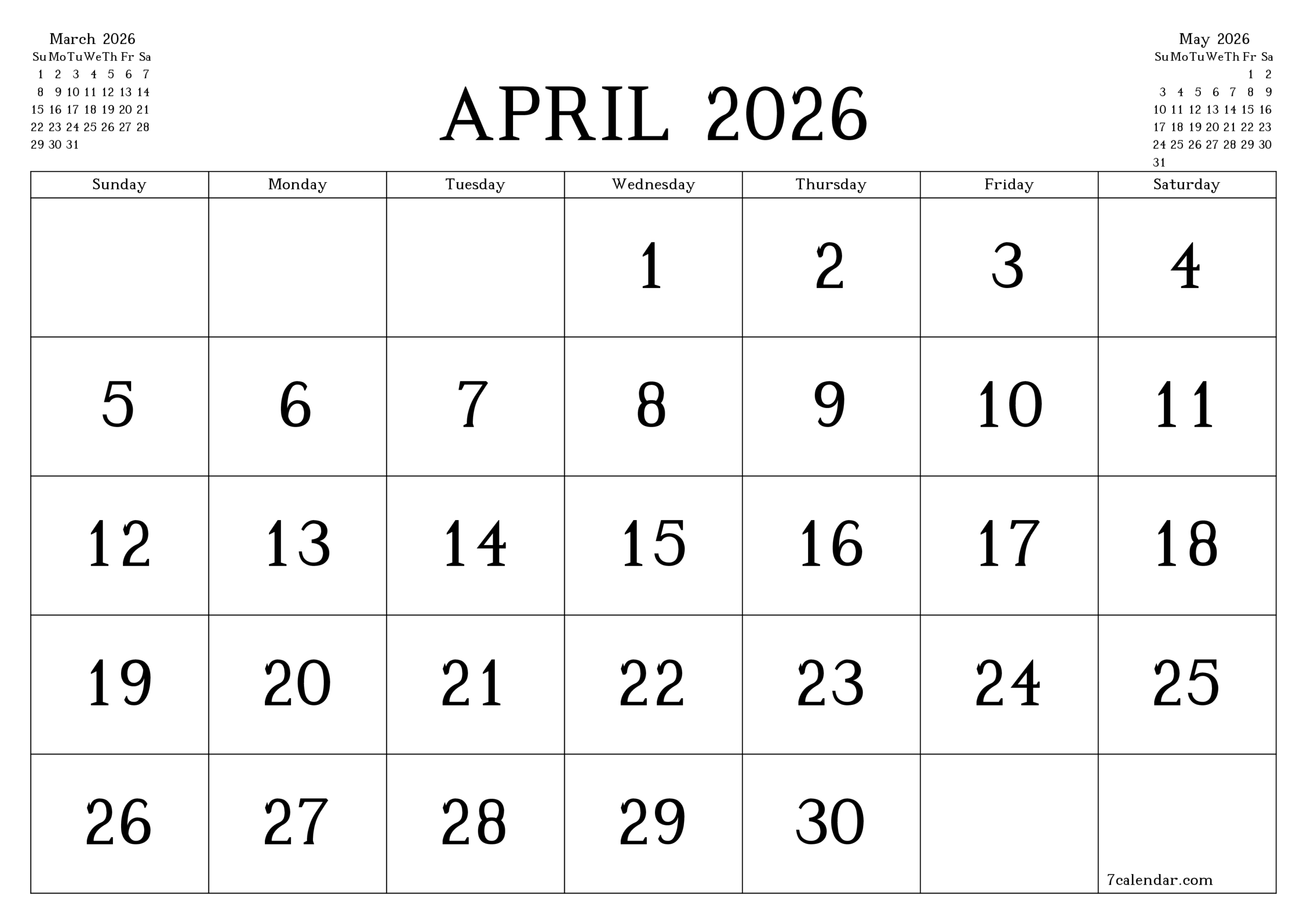 April 2026 Calendar Portrait
