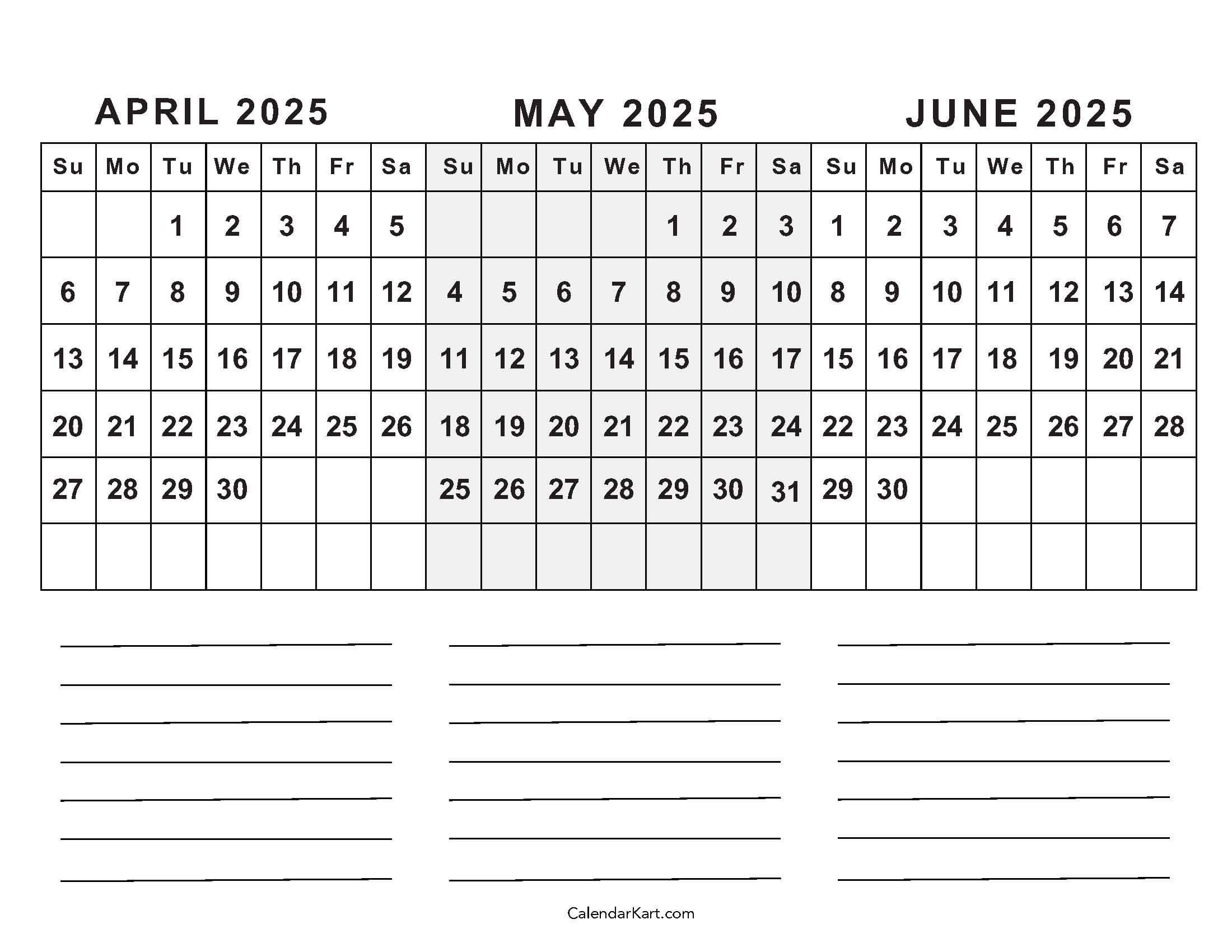 April To June 2025 Calendars Q2 Free Printables
