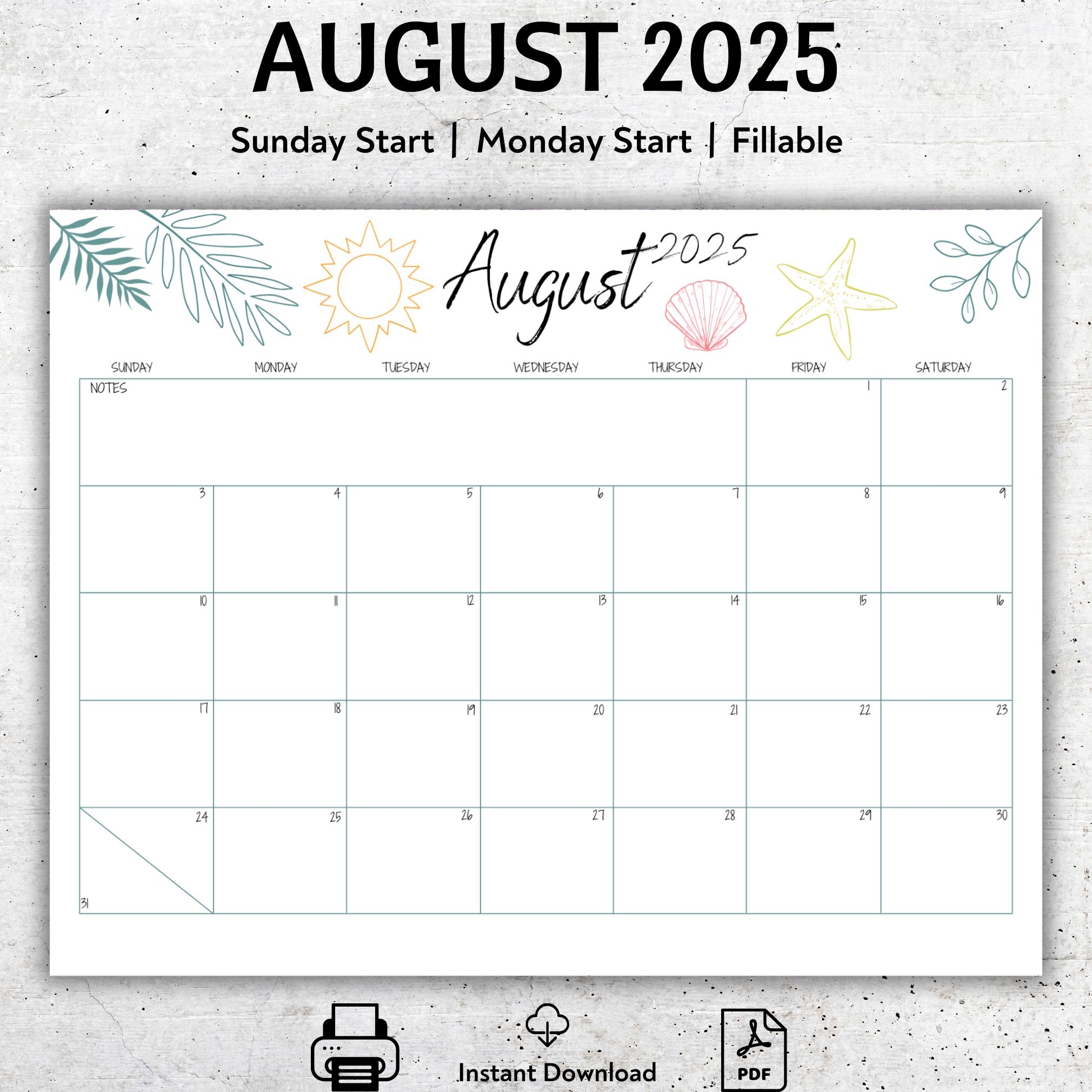 August 2025 Calendar Printable Minimalist Beach Design Editable PDF Template Sunday Or Monday Start Instant Download