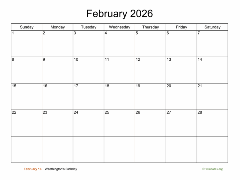Basic Calendar For February 2026 WikiDates