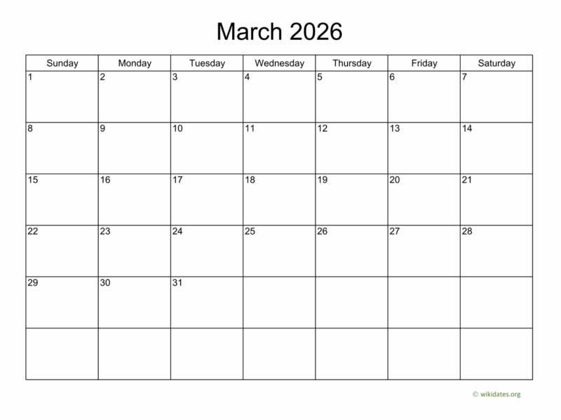 Basic Calendar For March 2026 WikiDates