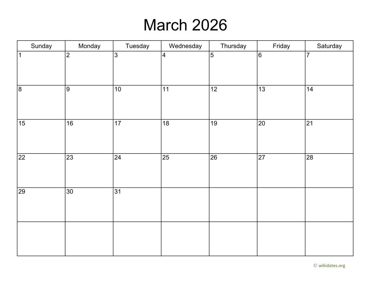Basic Calendar For March 2026 WikiDates