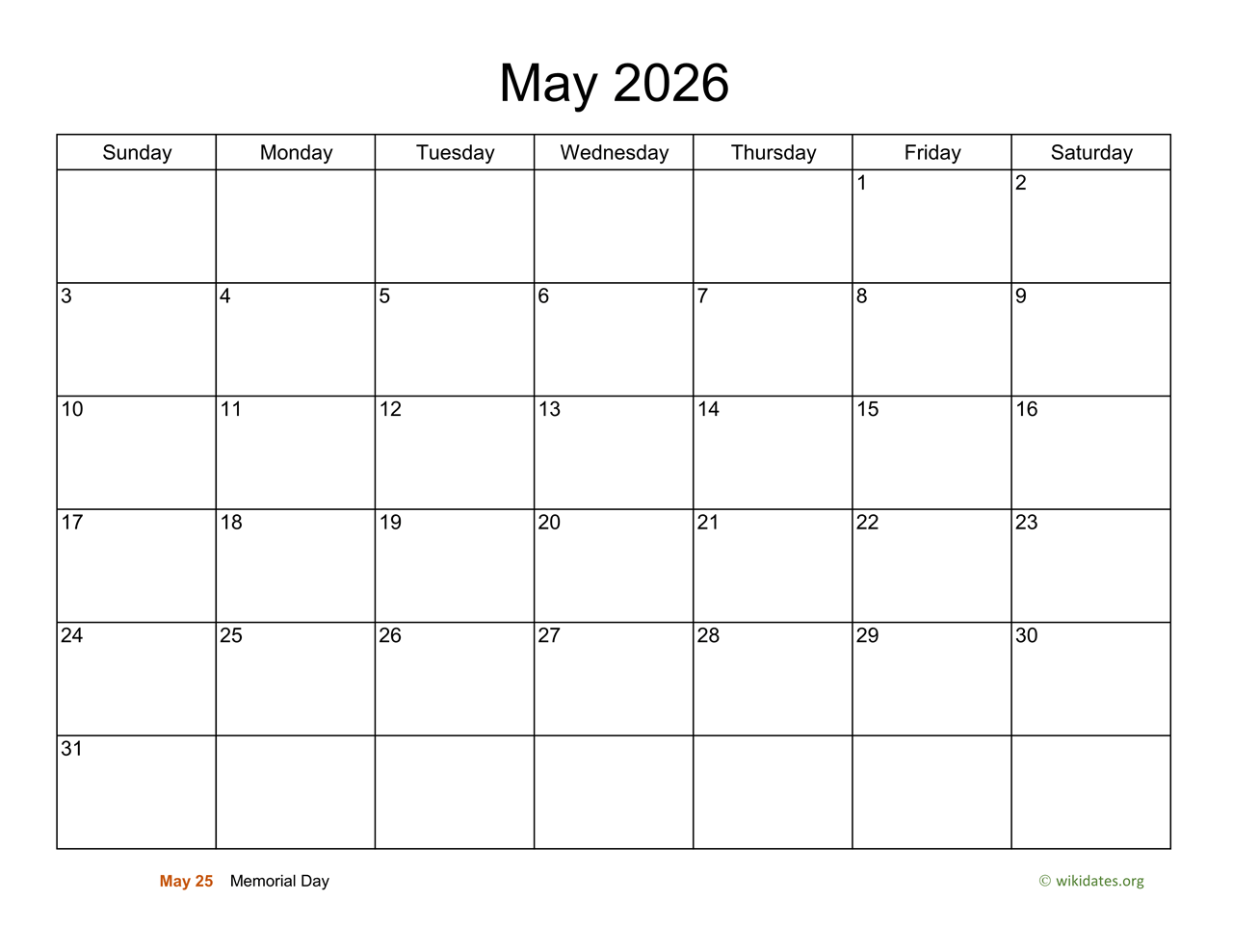 Basic Calendar For May 2026 WikiDates